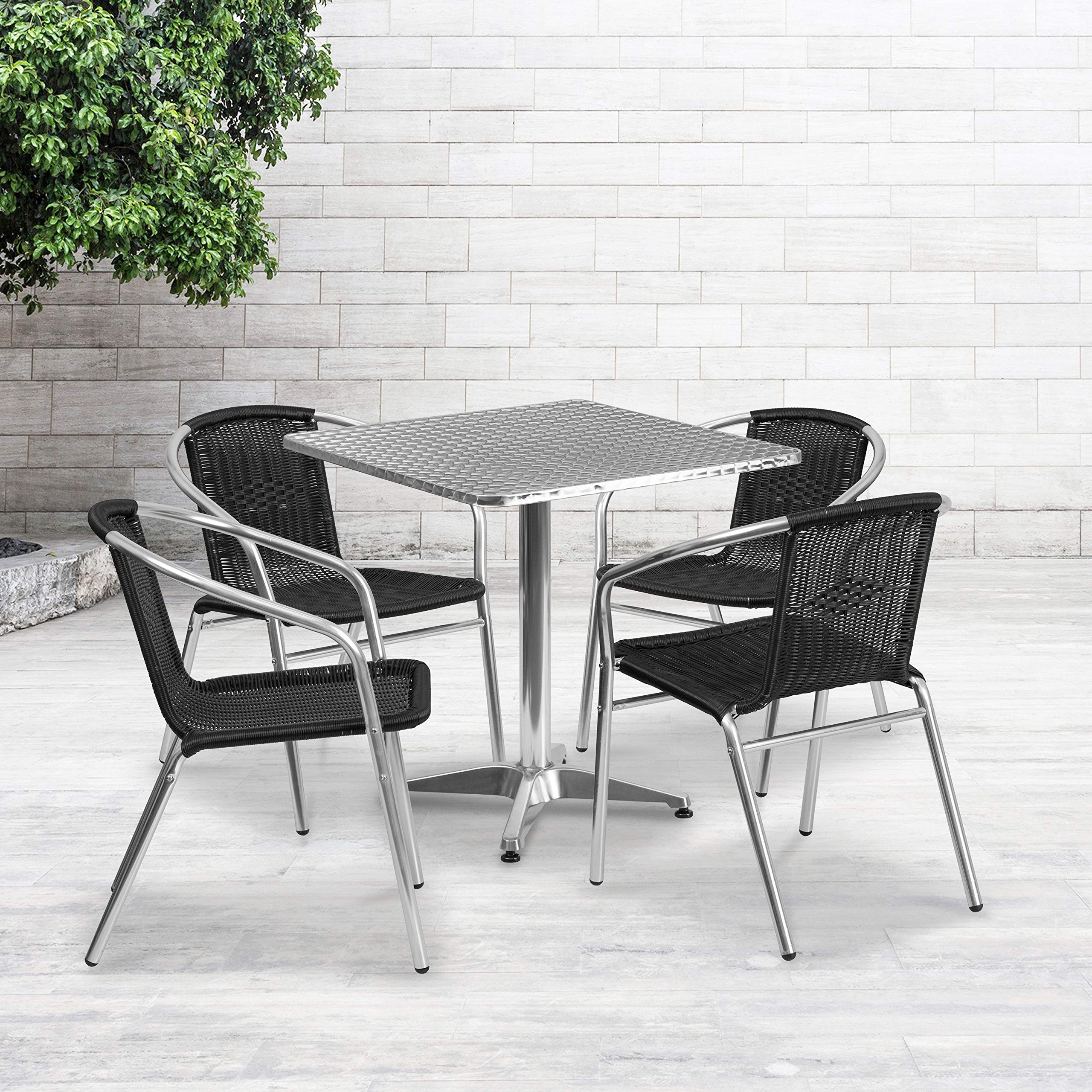 Flash Furniture Lila 27.5 Square Aluminum Indoor-Outdoor Table Set with 4 Black Rattan Chairs