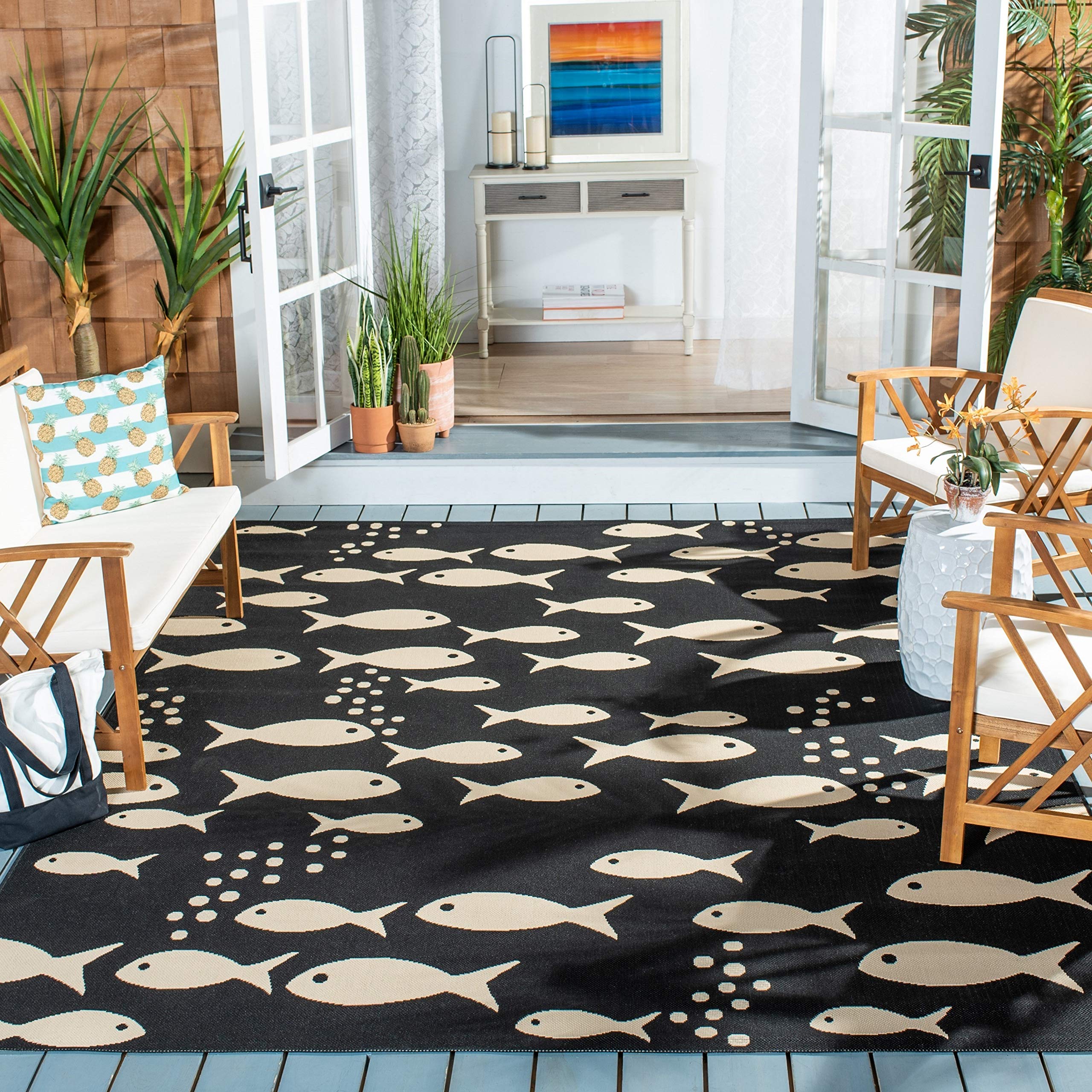 SAFAVIEH Courtyard Collection Area Rug - 9 x 12, Black & Beige, Non-Shedding & Easy Care, Indoor/Outdoor & Washable-Ideal for 