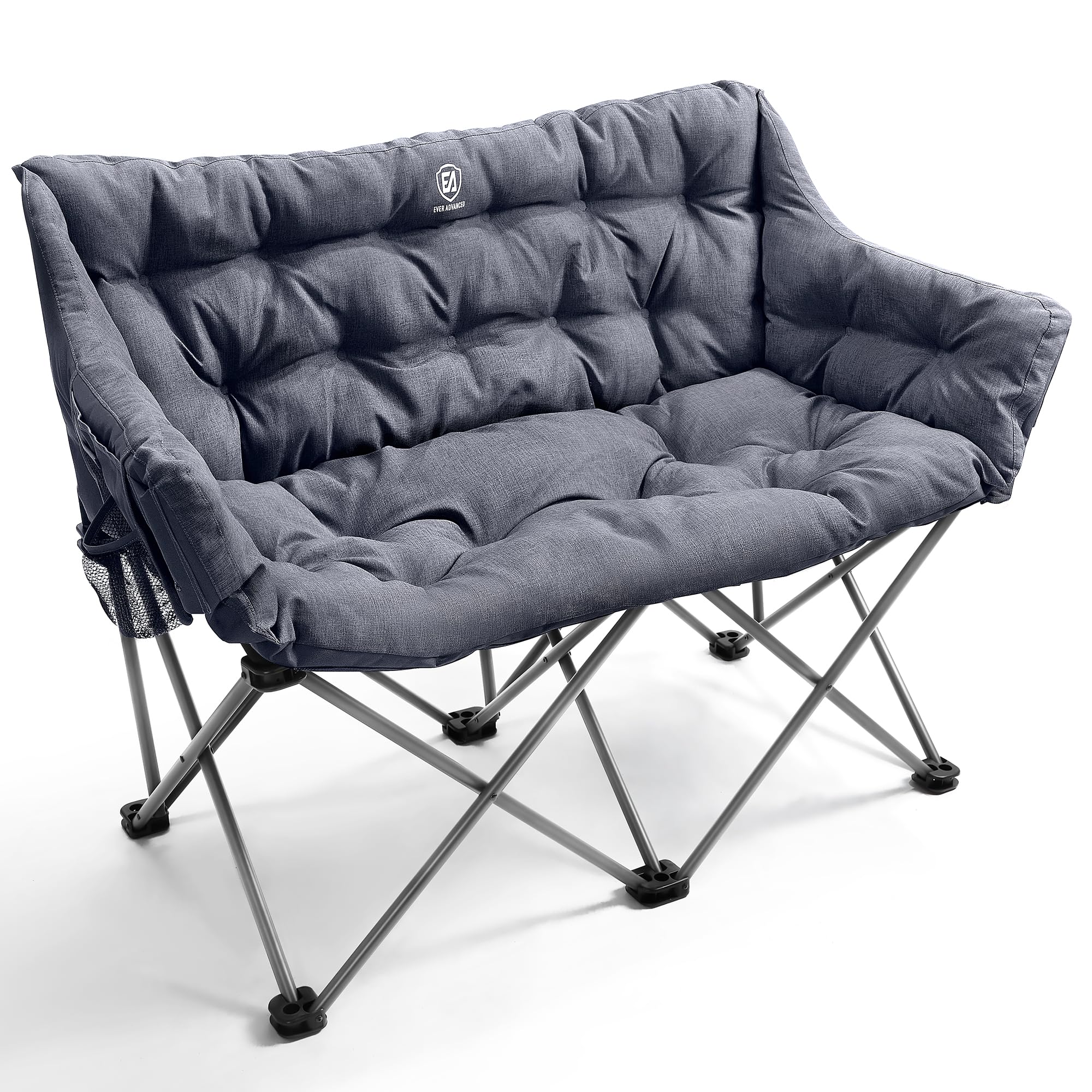 EVER ADVANCED Double Camping Chair for Adults, Padded Folding Camping Love Seat Bench with Side Pocket Portable Camping Couch, T