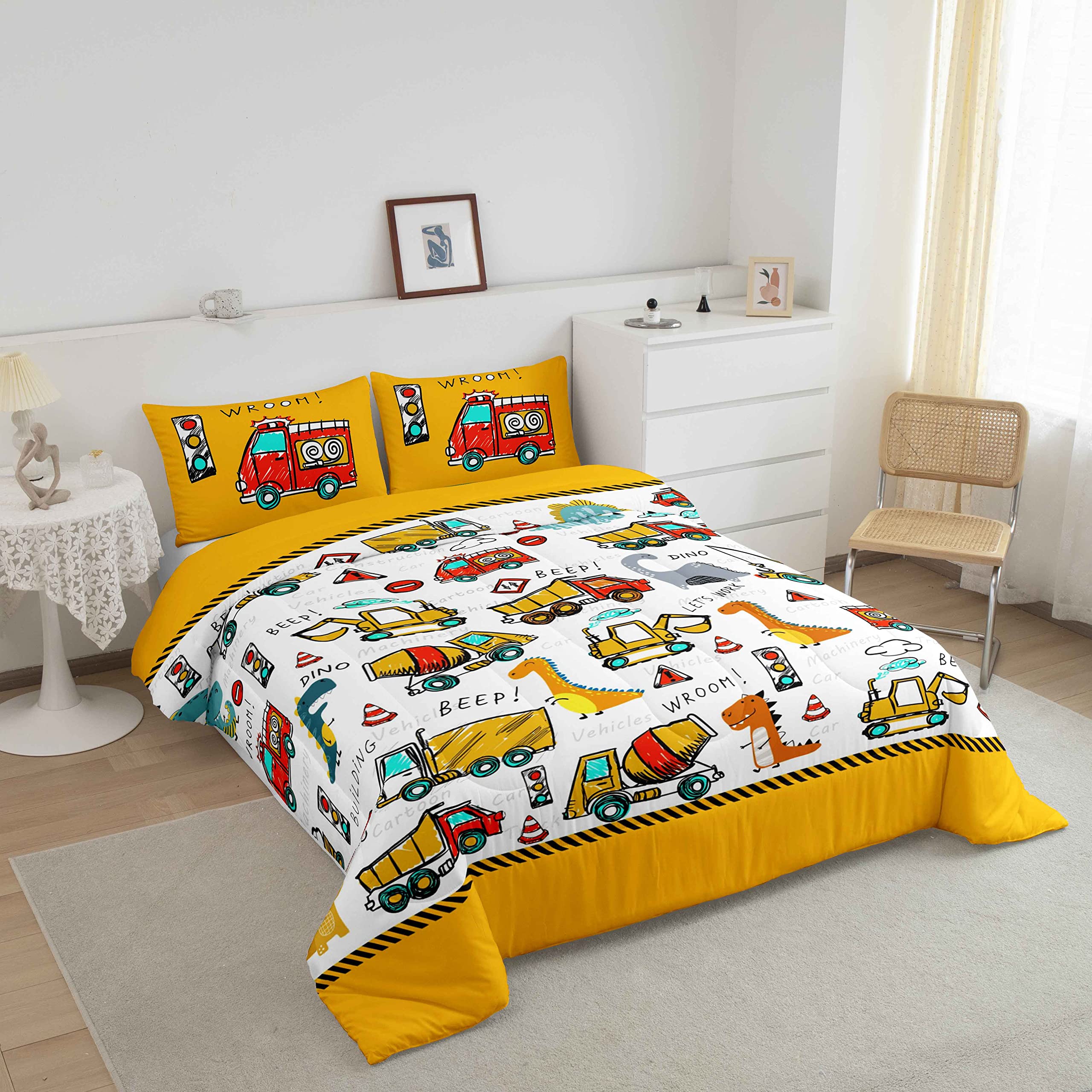 Kids Construction Comforter Set Queen Boys Cute Cartoon Dinosaur Comforter for Toddler Super Soft Equipment Trucks Excavators Ca