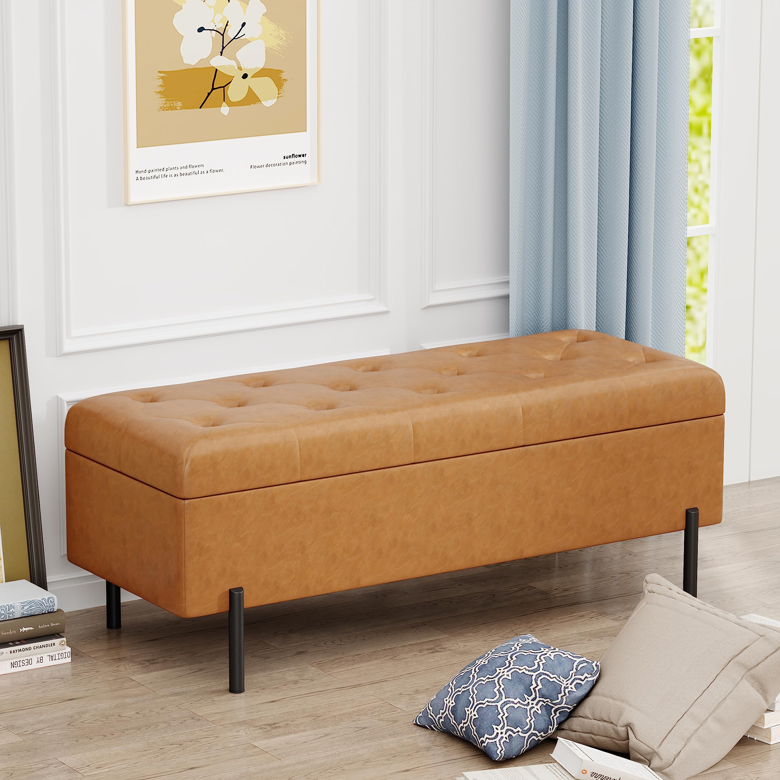 Apeaka Faux Leather Storage Bench Tufted Upholstered Ottoman Bench with Storage for Bedroom Living Room Entryway Rectangular Acc