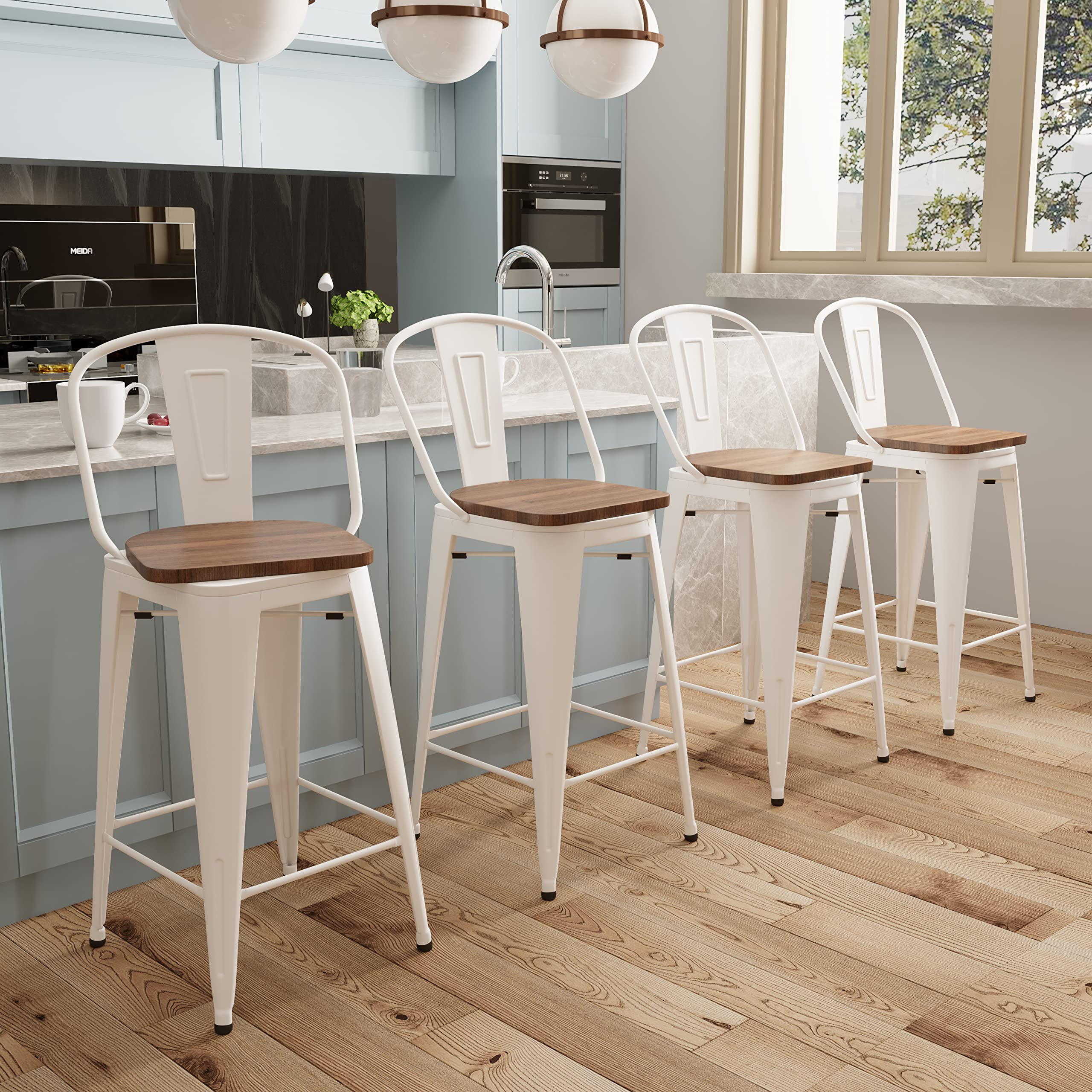 Aklaus Swivel Metal Bar Stools with Backs Counter Stools Set of 4 Counter Height Stools High Back Bar Chairs 26 Inch Barstool Fa