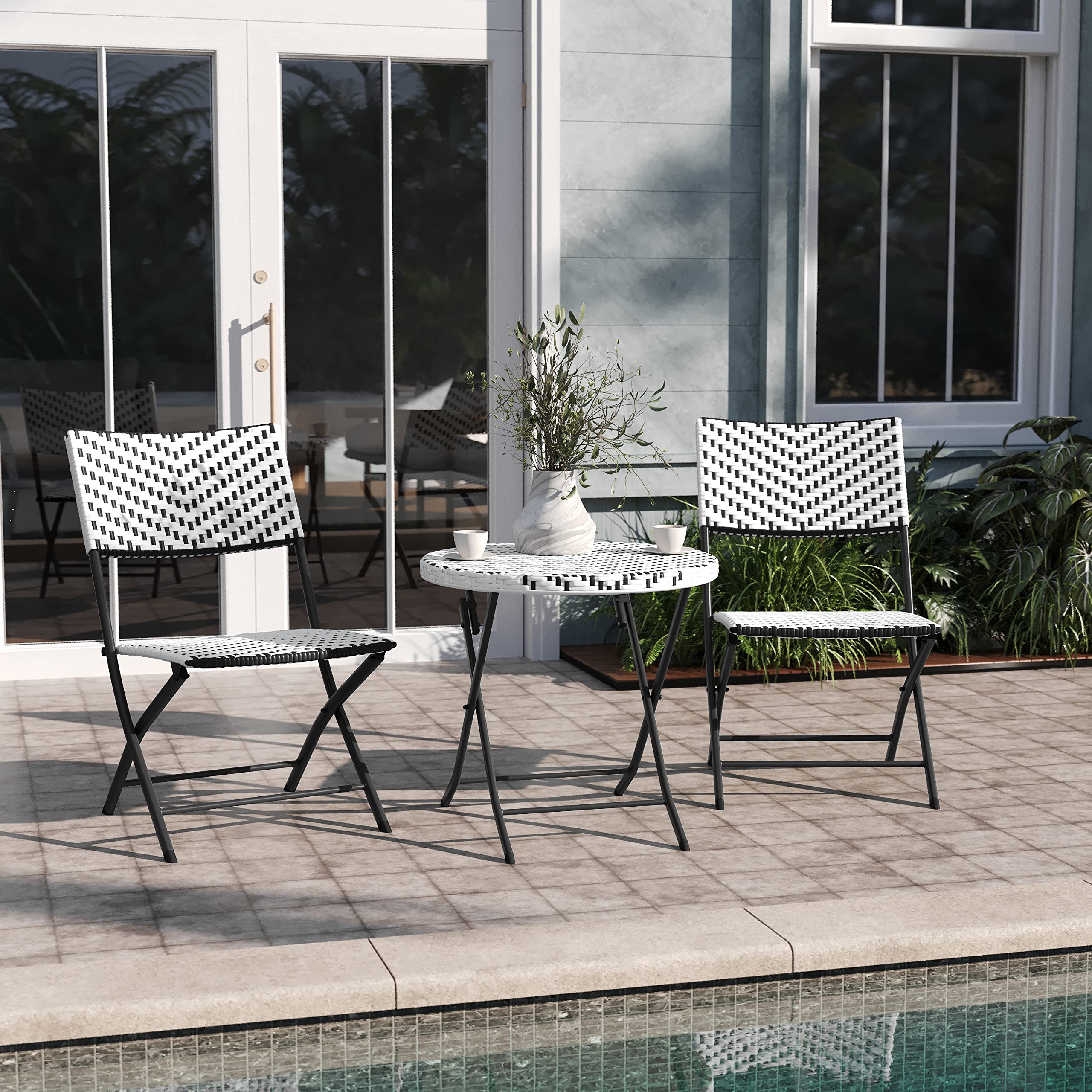 EMMA + OLIVER Ciel Three Piece Folding Bistro Set - Black and White PE Rattan - Black Metal Frames - Indoor/Outdoor Use