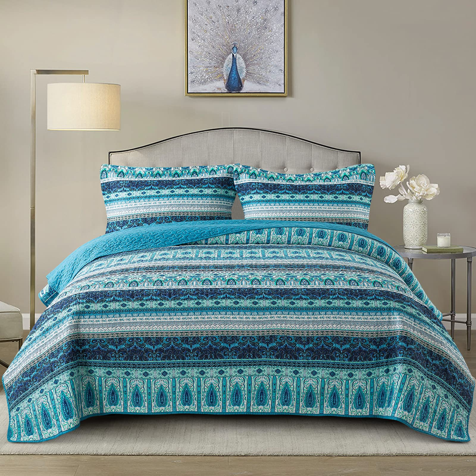 NEWLAKE Cotton Bedspread Quilt Sets-Reversible Patchwork Coverlet Set, Mysterious Bohemian Style, King Size