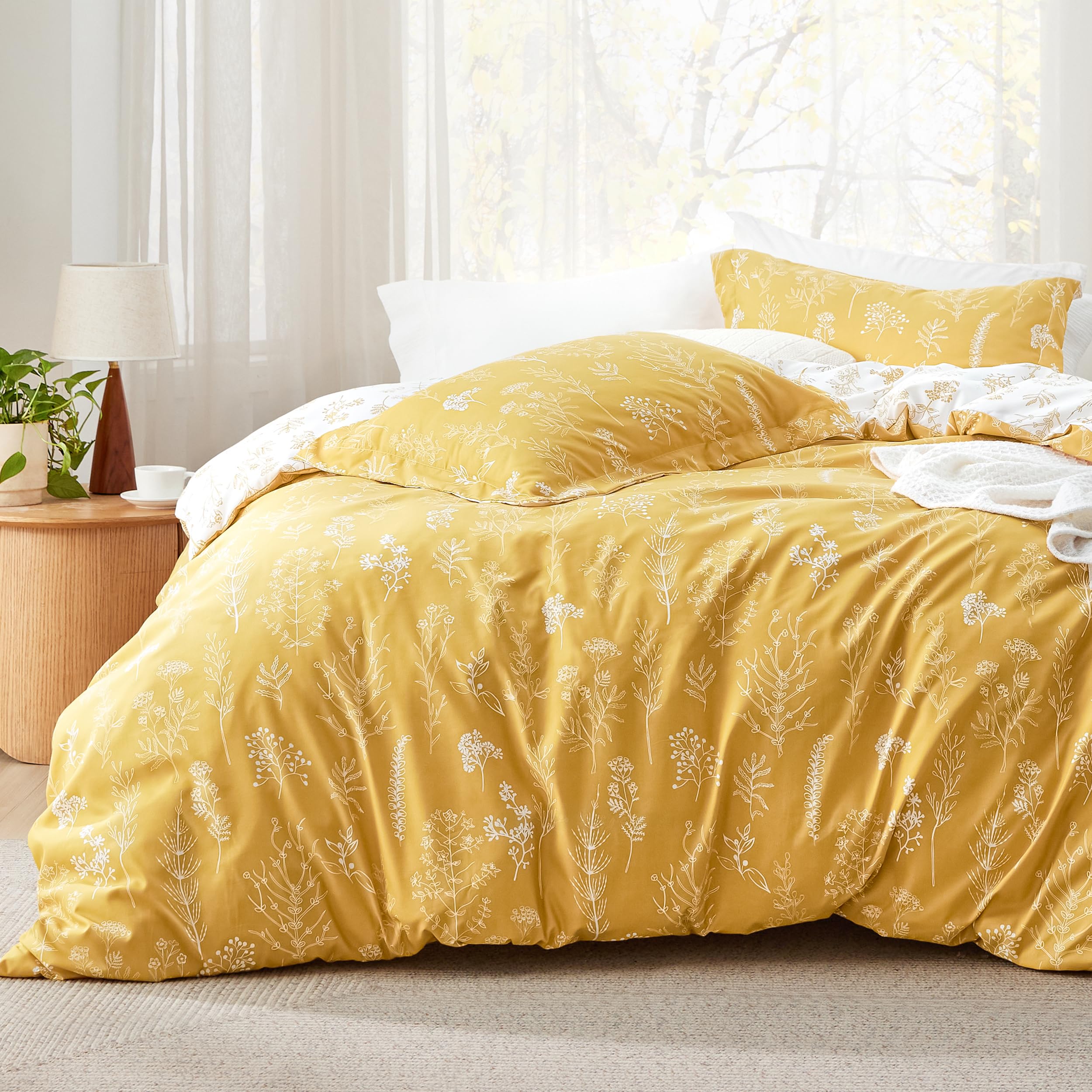 Bedsure Twin/Twin XL Comforter Set - Yellow Bed Set, 2 Pieces Cute Floral Bedding, 1 Soft Reversible Botanical Flowers Comforter