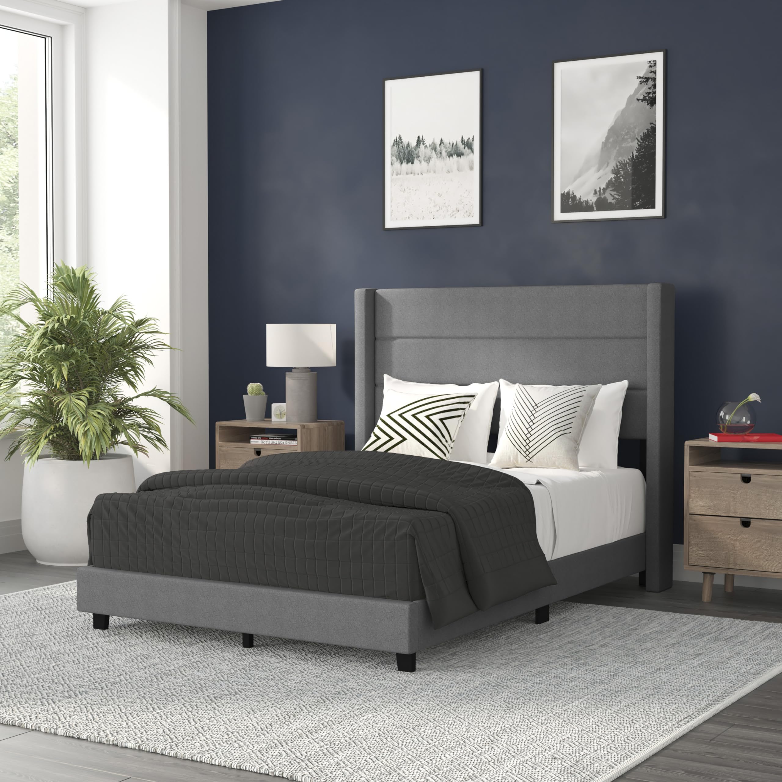 Flash Furniture Hollis Upholstered Platform Bed - Gray Faux Linen Wingback Headboard - Full - Mattress Foundation with Slatted S