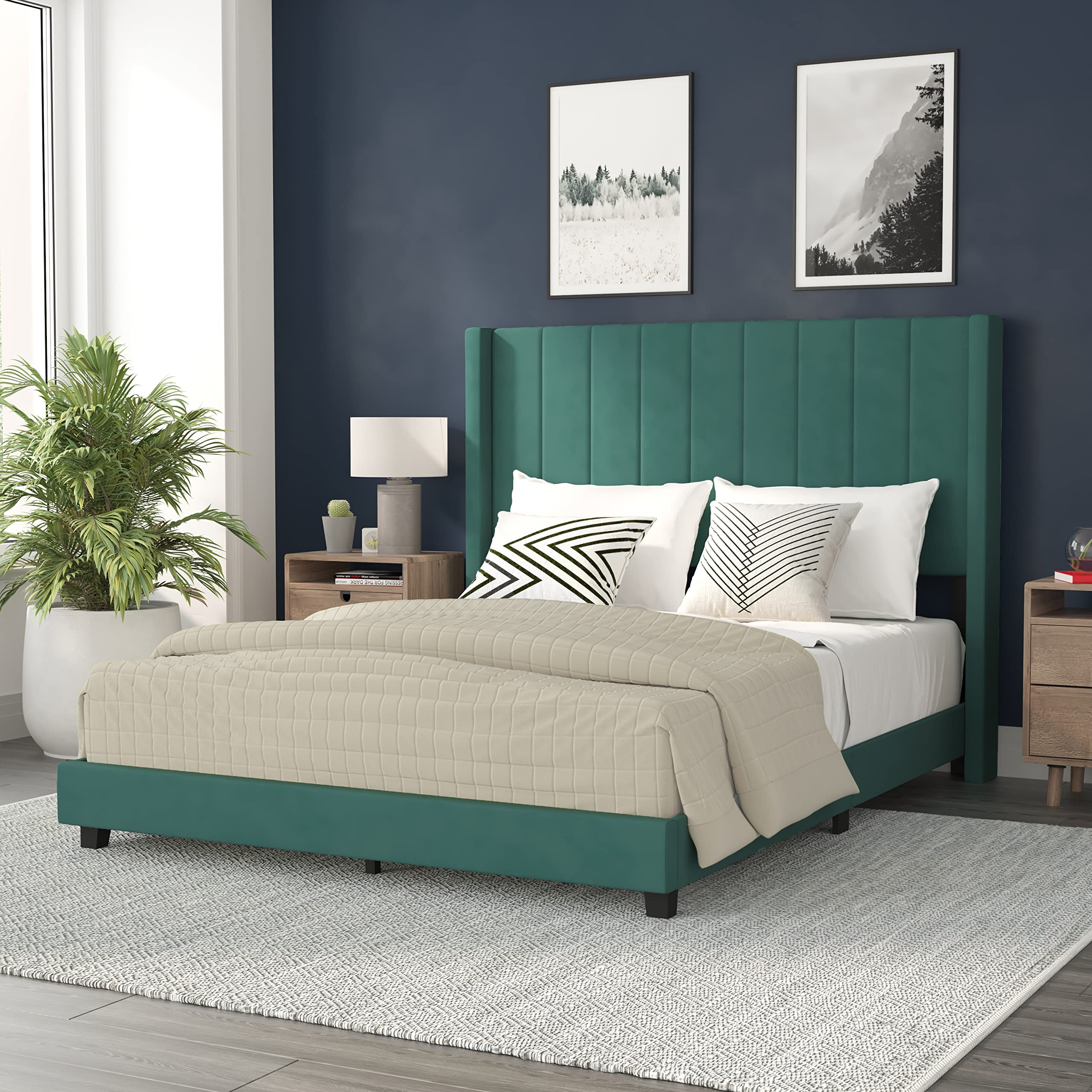 Flash Furniture Bianca Upholstered Platform Bed - Emerald Velvet Upholstery - Queen - Wingback Headboard - Slatted Mattress Foun