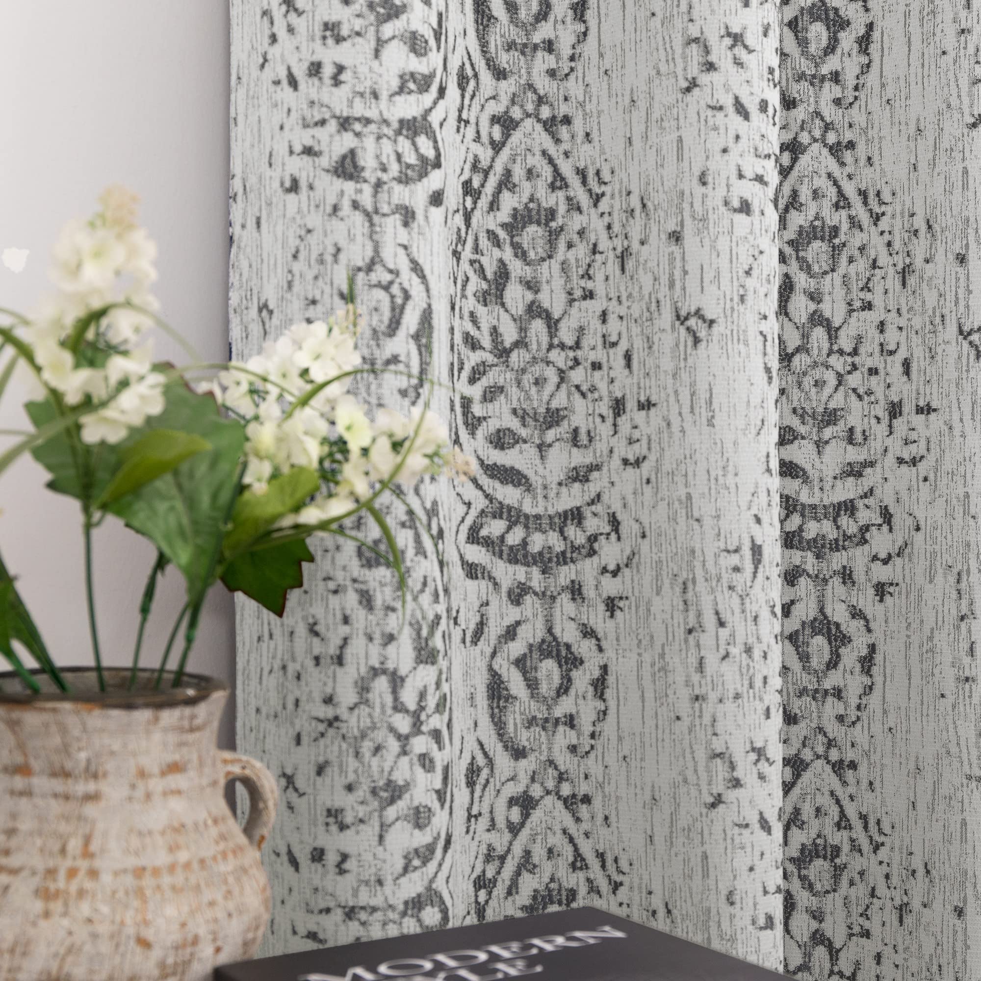 Mrs.Naturall Drapes 108 Inches Long Tall Curtains for High Ceiling Living Room 2 Panel with Damask Print Design Grommet Room Dar