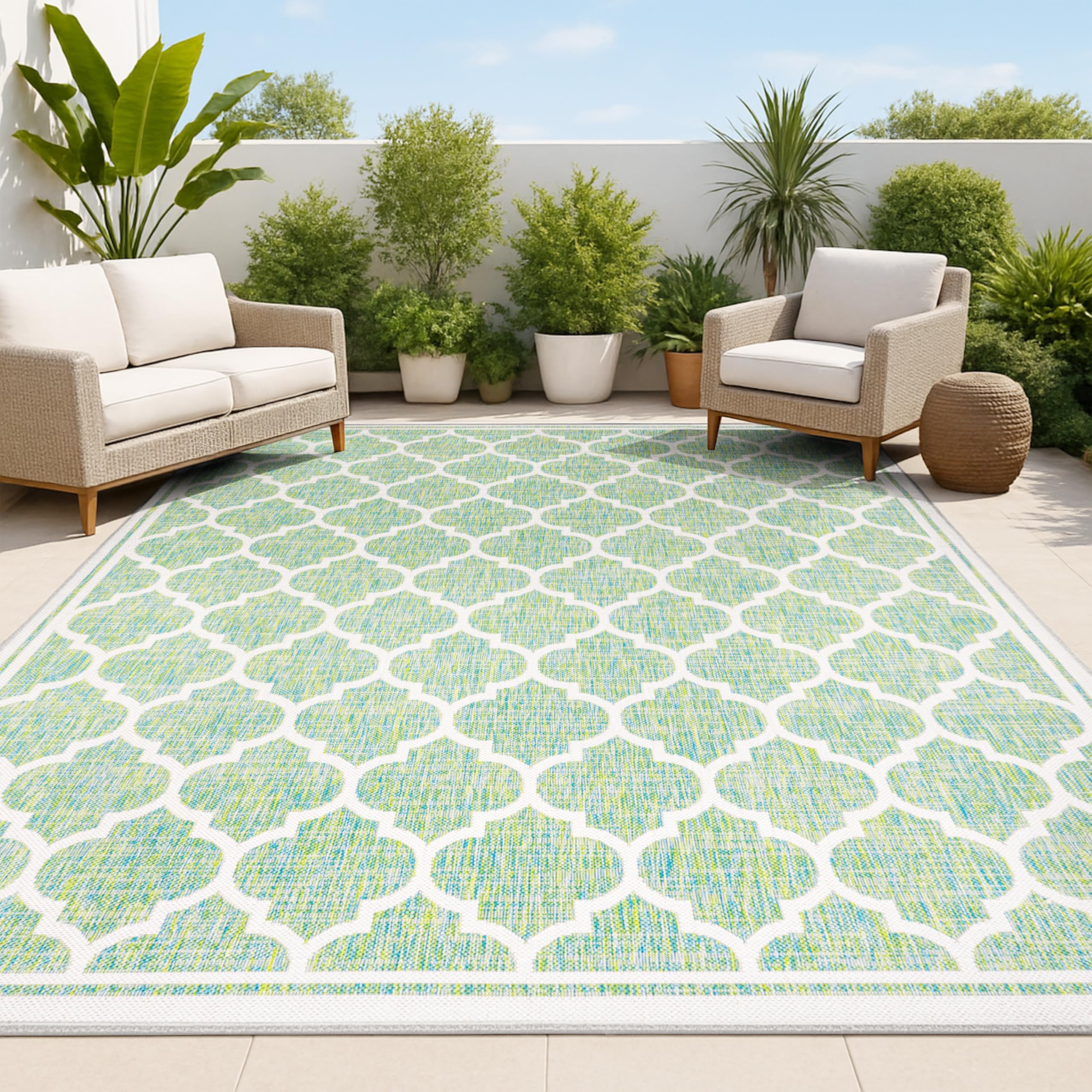 JONATHAN Y Moroccan Trellis Indoor Outdoor Area Rug 5X8 Cream/Green, Trebol Textured Weave for Backyard, Patio, Porch, Easy-Clea