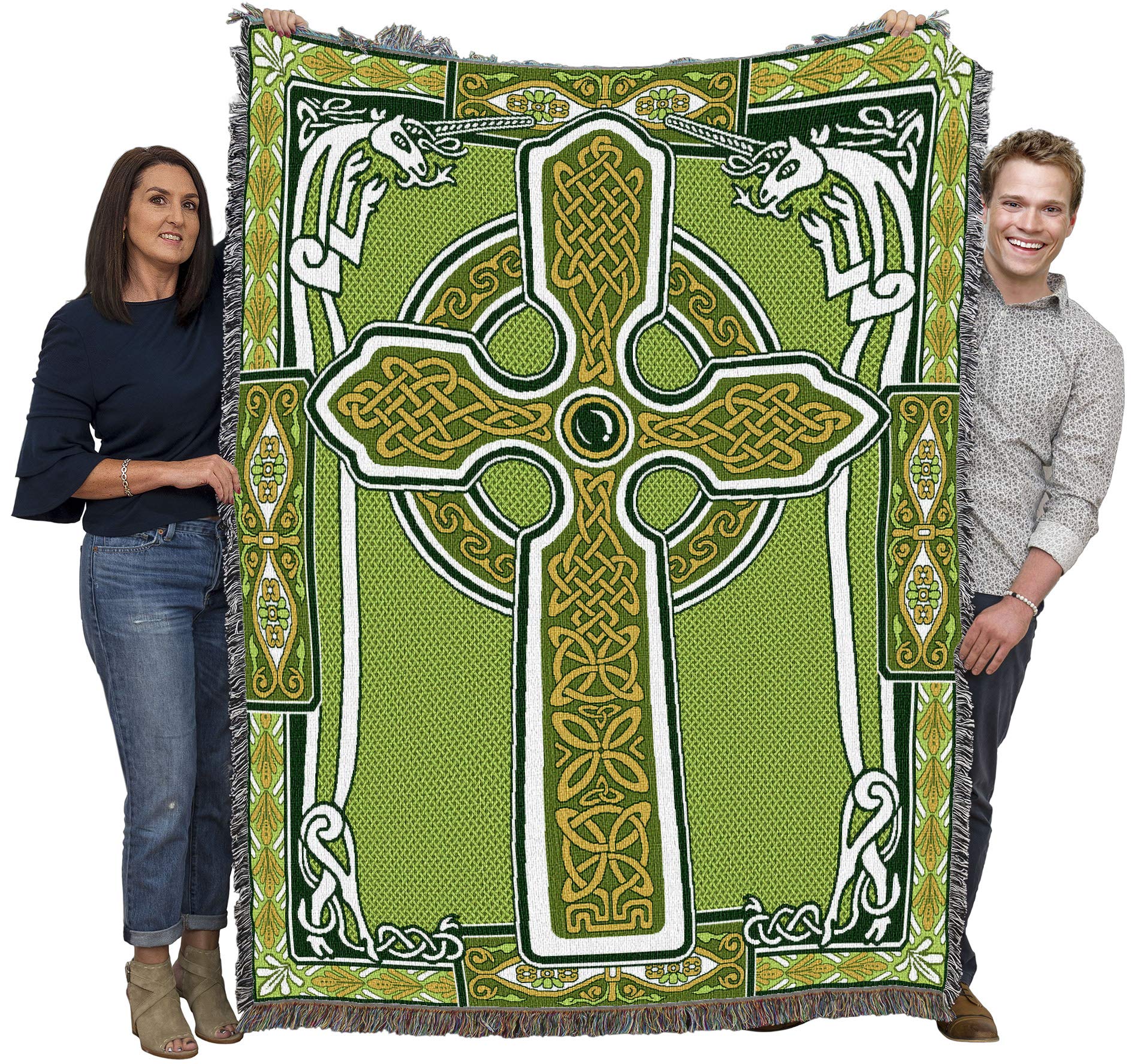 Pure Country Weavers Celtic Knots Cross with Unicorn Blanket - Green - Gift Tapestry Throw Woven from Cotton - Made in The USA (