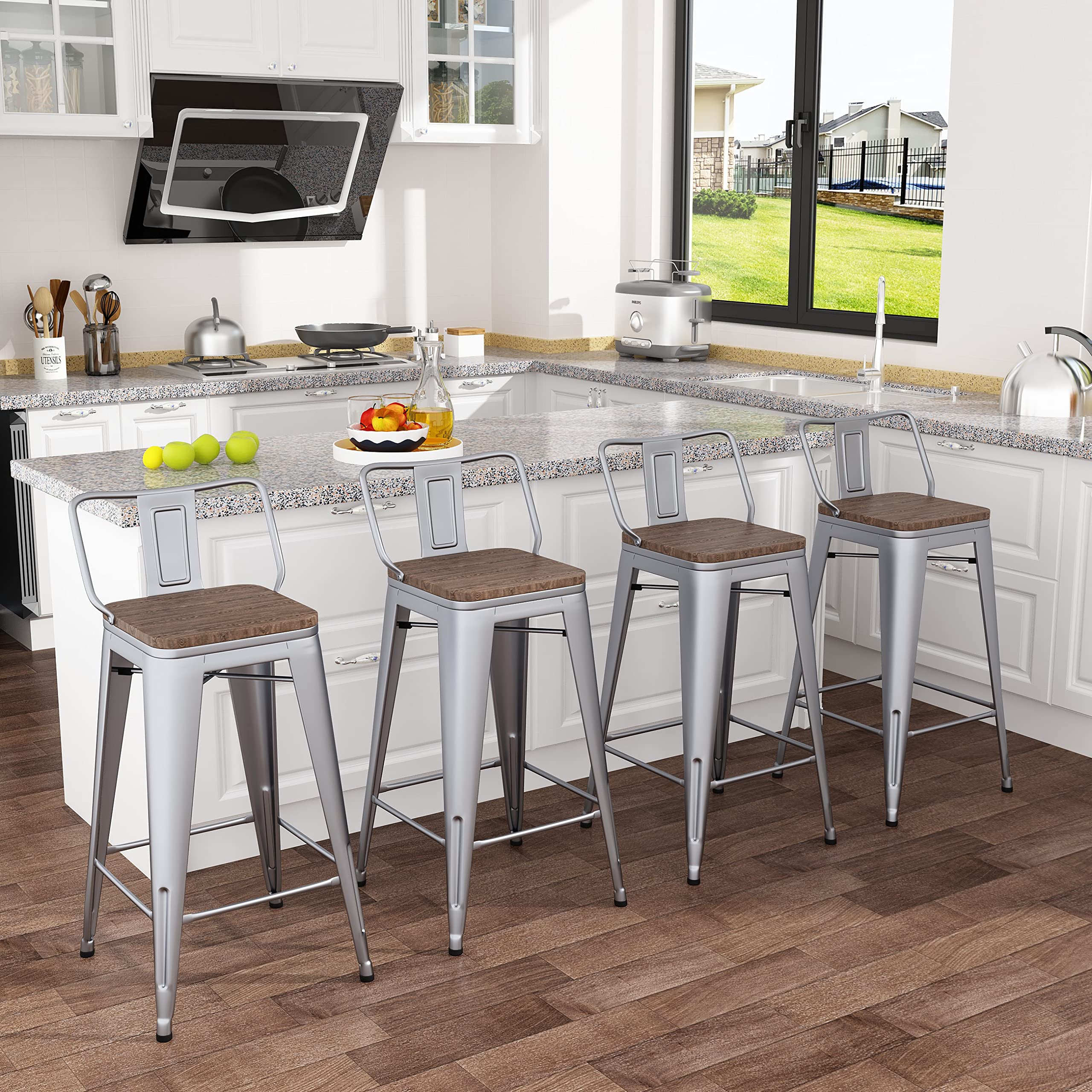 Tongli Industrial Chic 26 inch Metal Barstools Low Back, Silver Wooden, Stool Seating