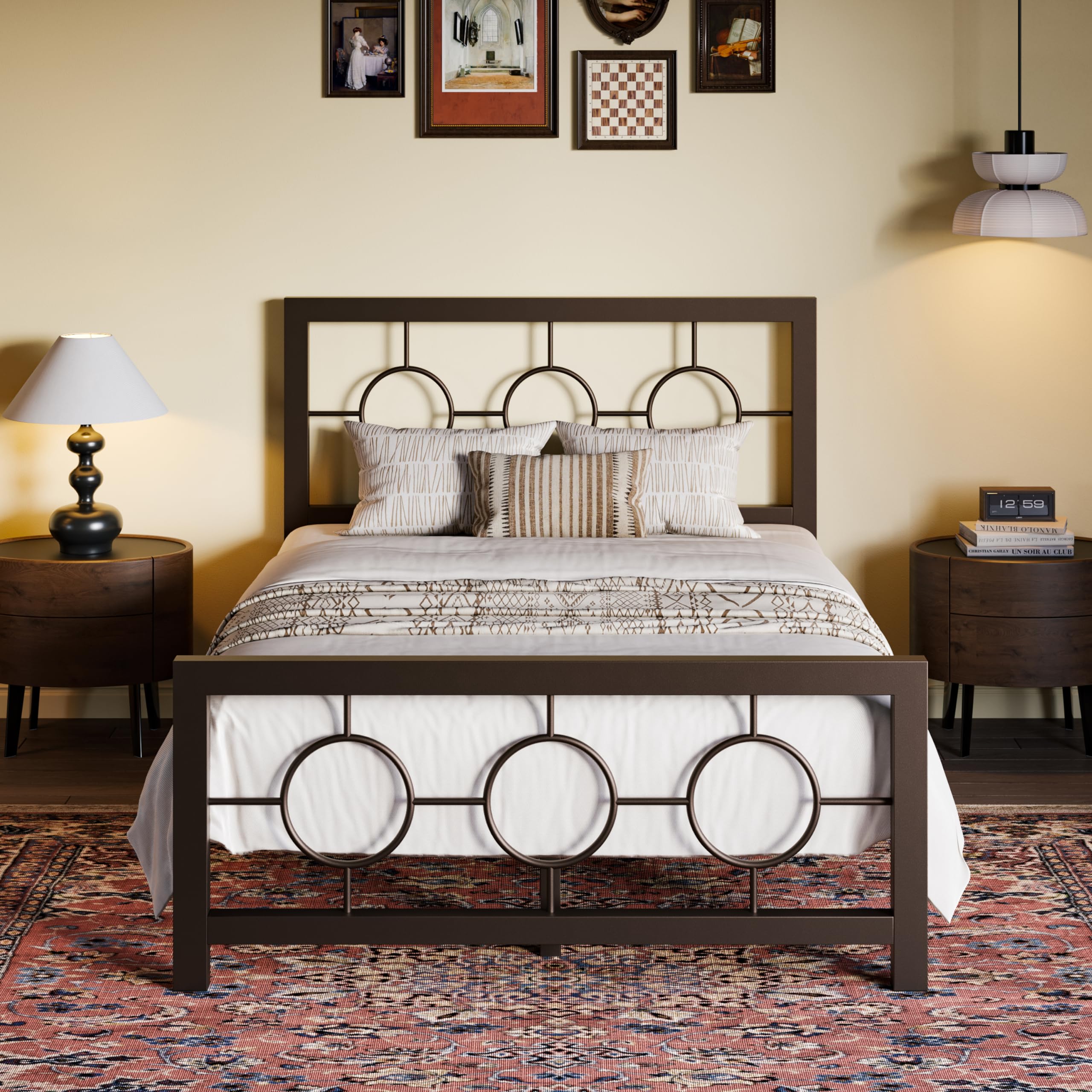 SHA CERLIN Twin Metal Bed Frame with Vintage Circular Design Headboard and Footboard, No Box Spring Required, Easy Assembly, Noi