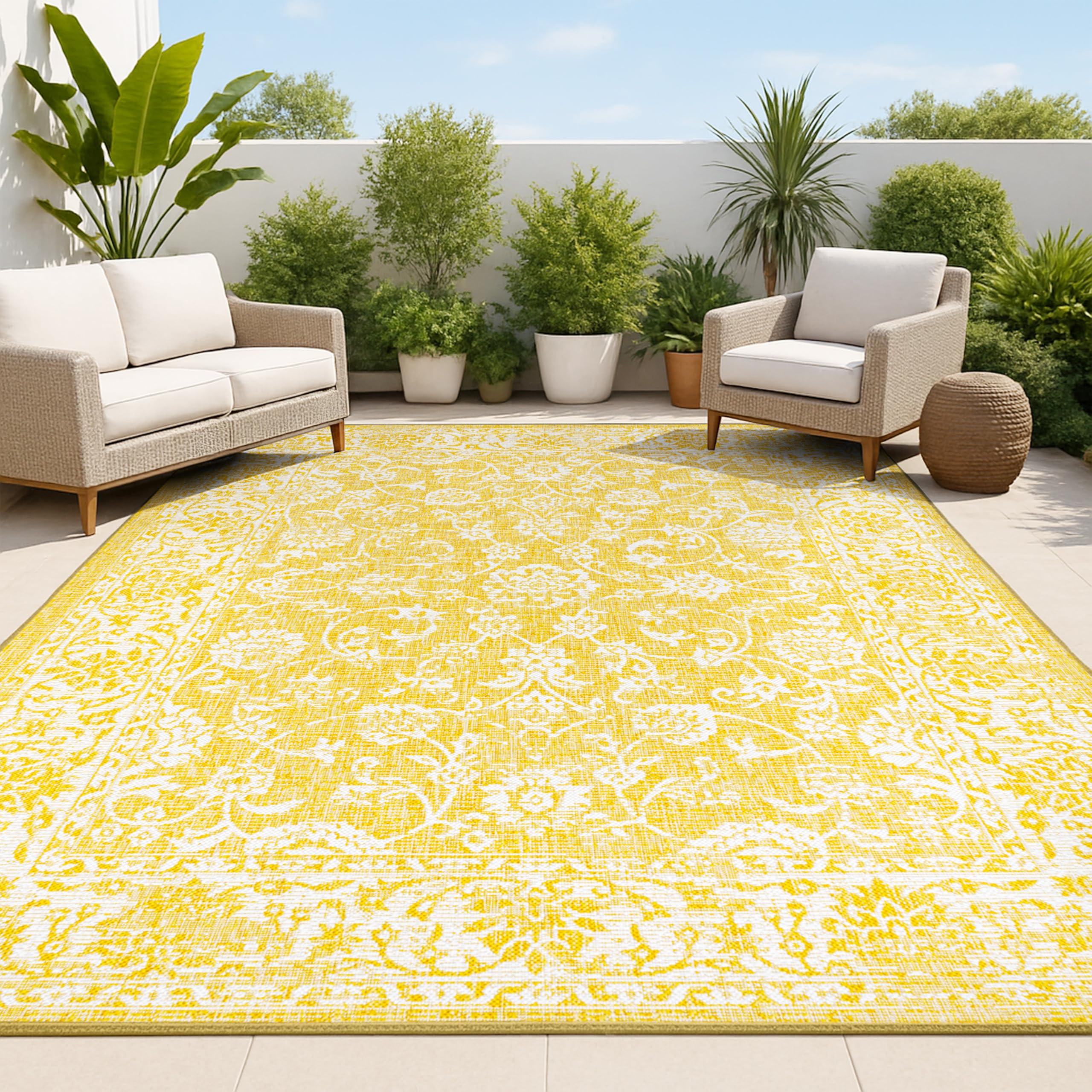 JONATHAN Y Weave Floral Indoor Outdoor Area Rug 9X12 Yellow/Cream, Tela Bohemian Textured for Backyard, Patio, Porch, Easy-Clean