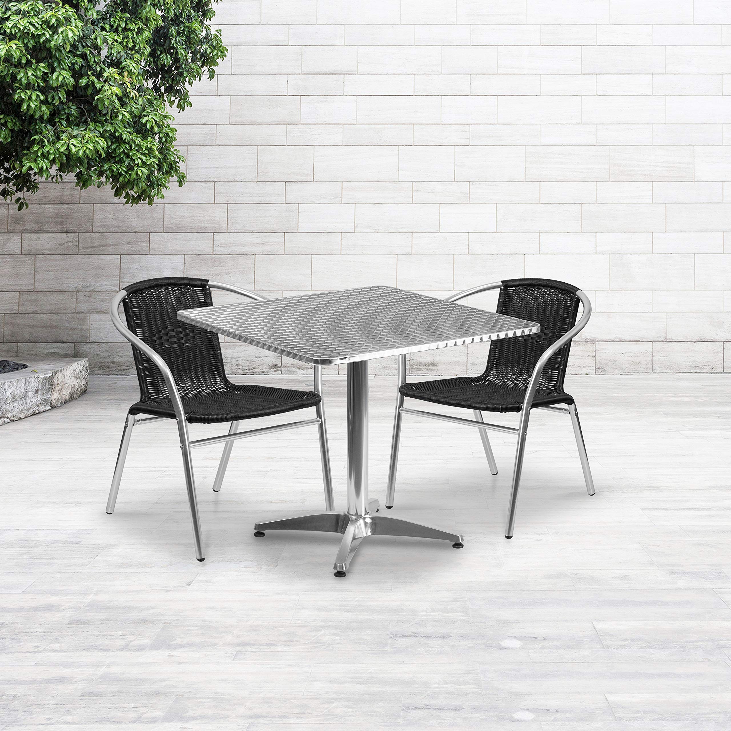 Flash Furniture Lila 31.5 Square Aluminum Indoor-Outdoor Table Set with 2 Black Rattan Chairs