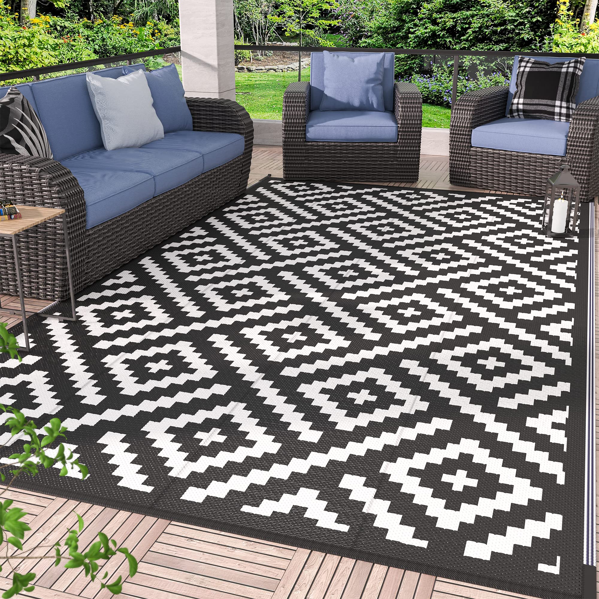 GENIMO Outdoor Rugs 8x10 Waterproof, Reversible Mats, Area Plastic Straw Rug, Outside Carpet, Geometric Rv Mat for Patio Camping