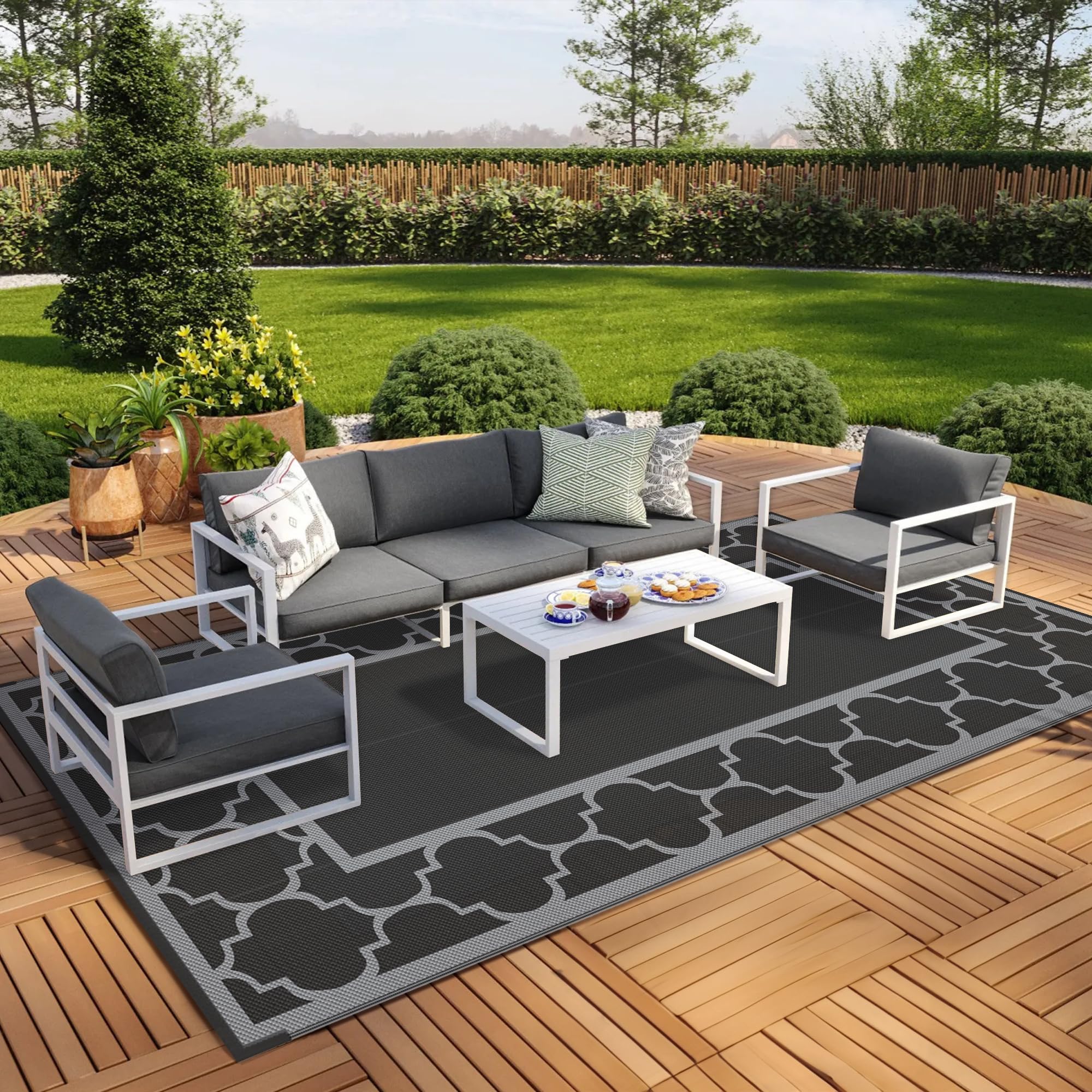 GENIMO 9 x 18 Outdoor Rug Waterproof for Patio, Foldable Reversible Plastic Straw Area Rugs Mat for Rv Decor, Outside Carpet f