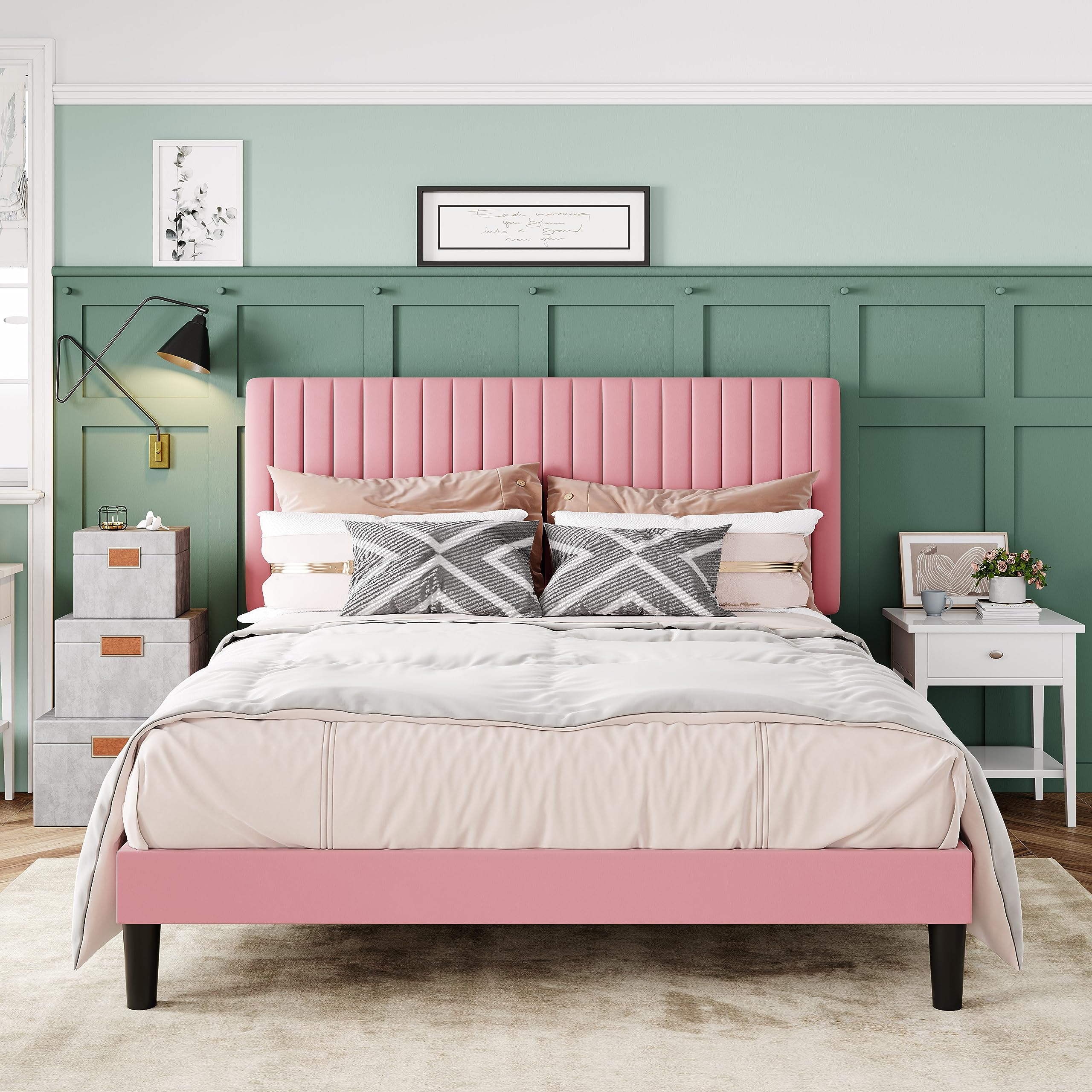 Allewie Queen Bed Frame, Velvet Upholstered Platform Bed with Adjustable Vertical Channel Tufted Headboard, Mattress Foundation 