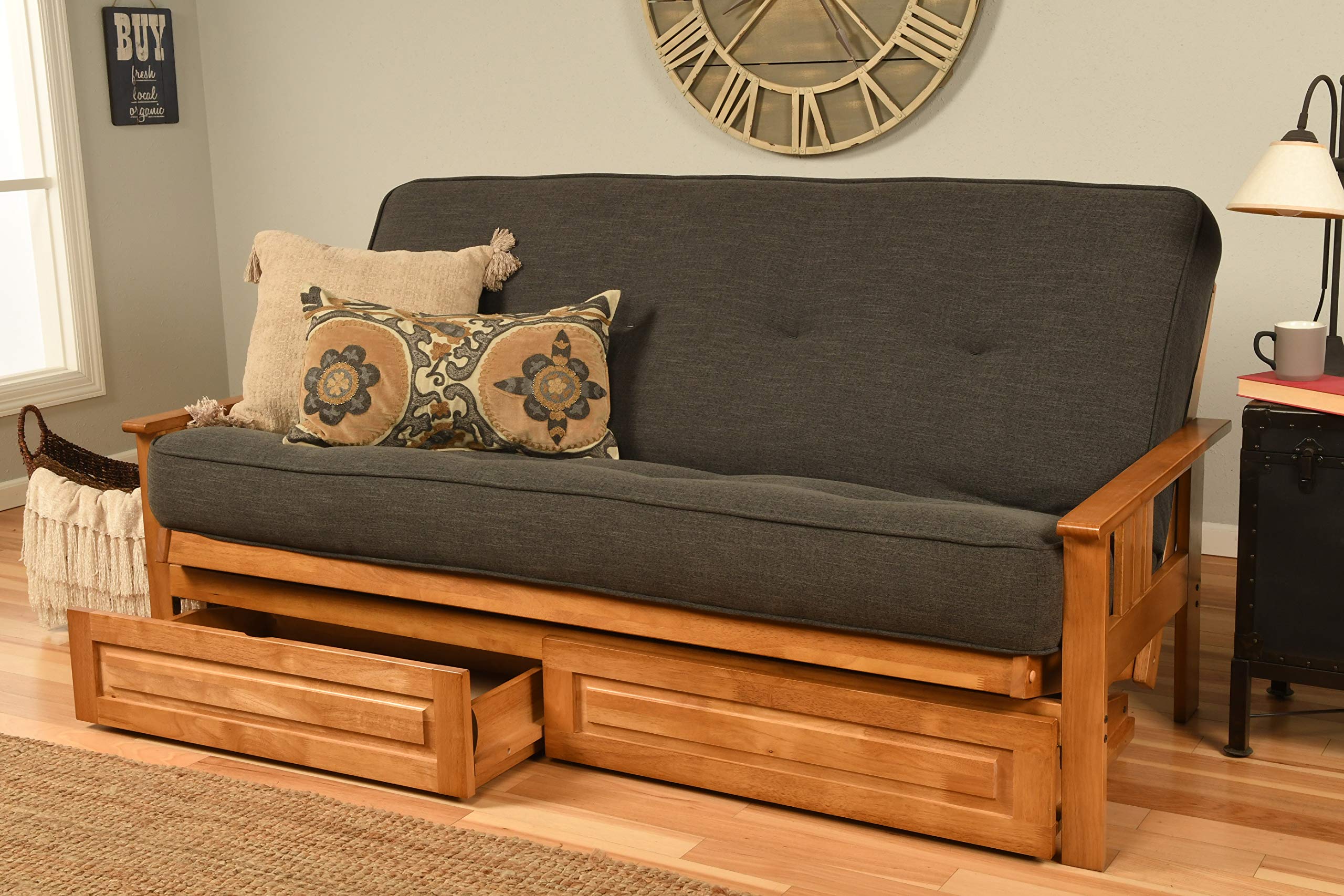 Kodiak Furniture Monterey Futon Set with Storage Drawers, with Butternut Base and Linen Charcoal Mattress