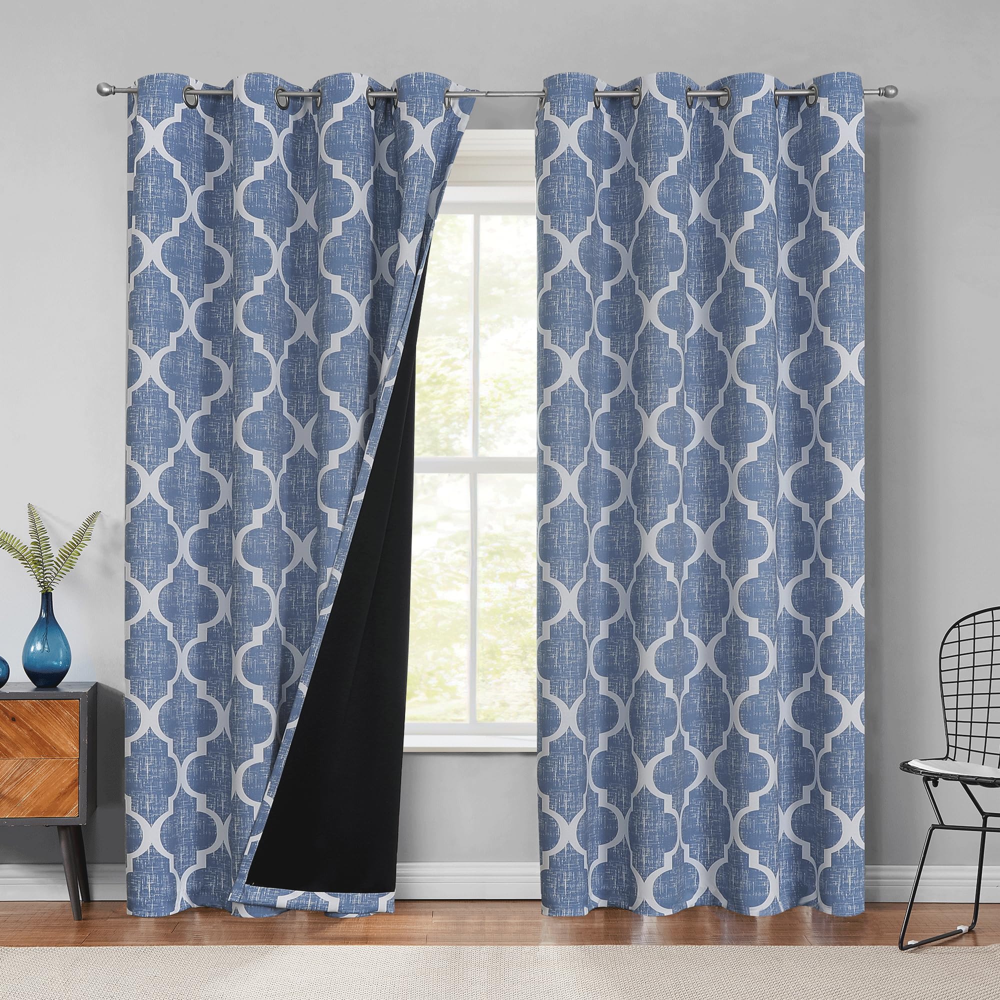 Beauoop 100% Blackout Curtains 96 Inches Long 2 Panels for Bedroom Living Room Blue Moroccan Geo Room Darkening Thermal Insulate