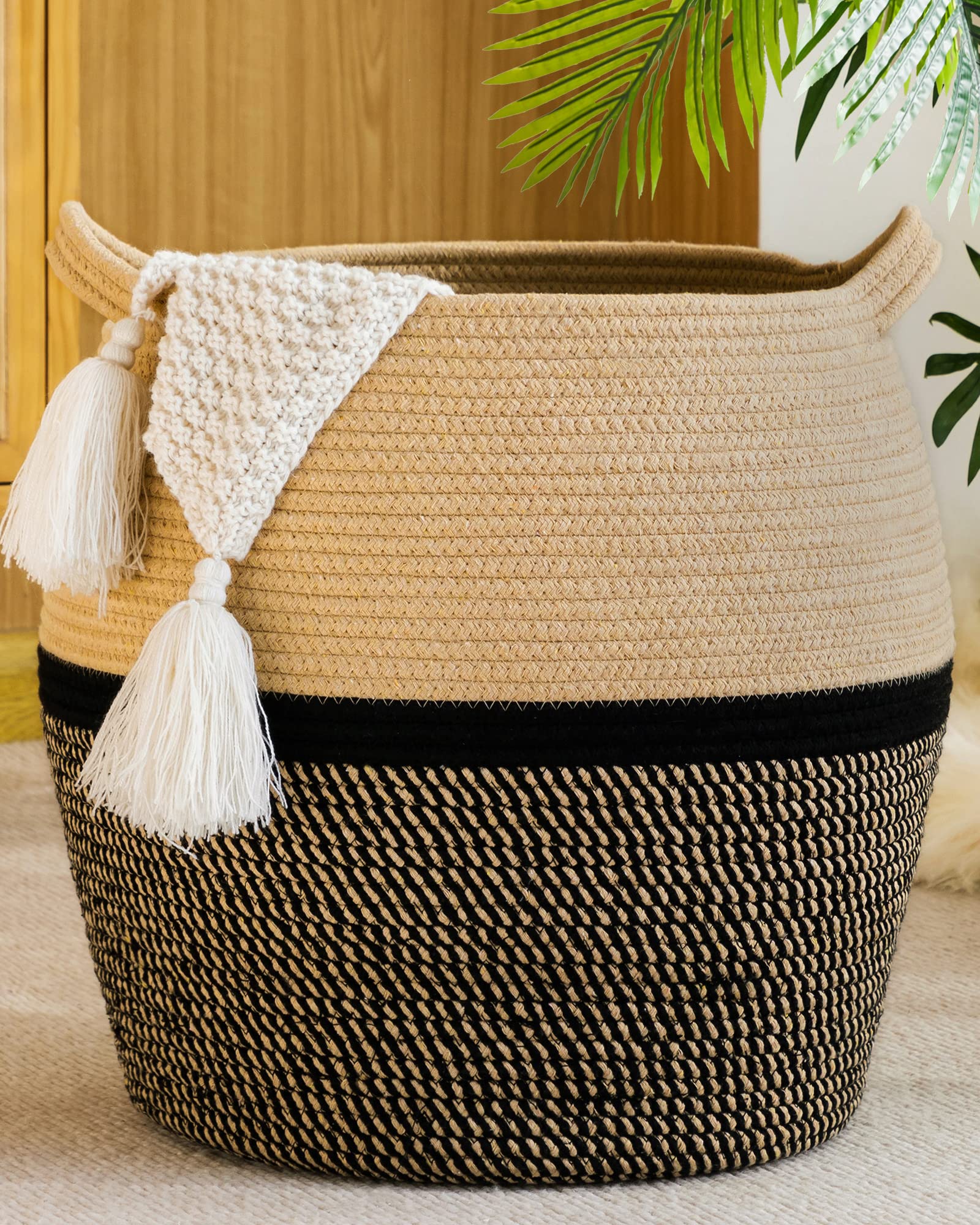 KAKAMAY Woven Baskets for Storage(17x17),Large Cotton Rope Basket Baby Laundry Hamper,Collapsible Basket, Blanket Organizing Liv