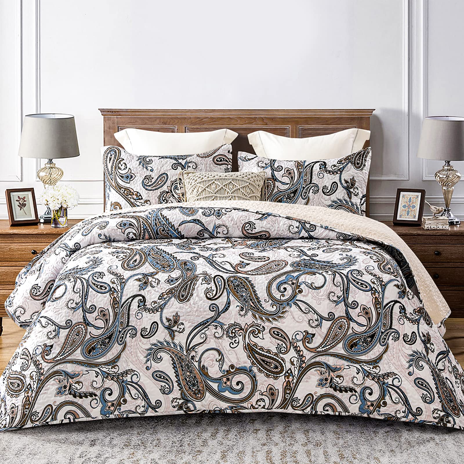 Whale Flotilla Reversible Paisley Quilts King Size, Lightweight Boho Printed Bedspreads Coverlets Quilt Bedding Set with 2 Pillo