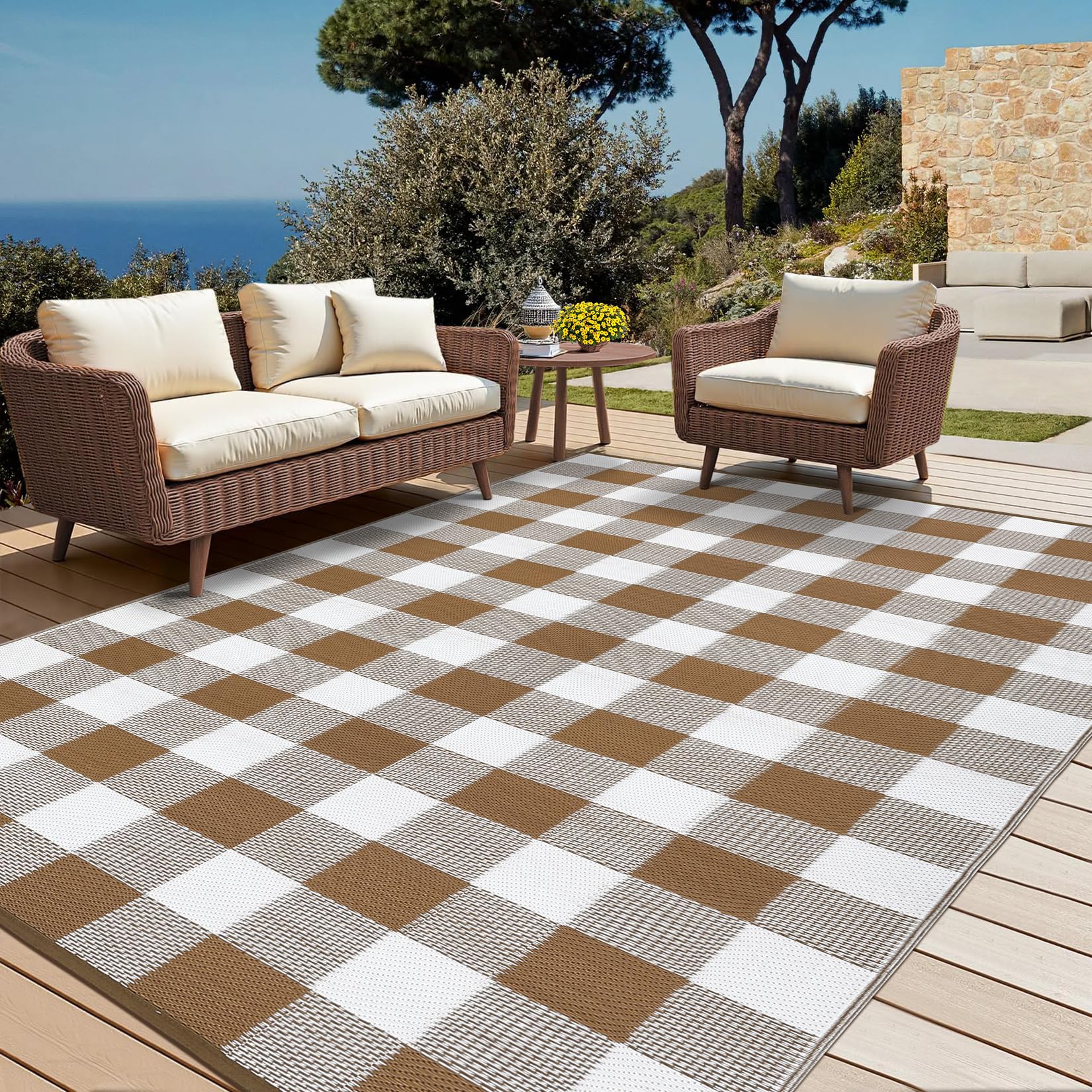 Garvee Waterproof Outdoor Rug 9x12 ft, Reversible Outdoor Plastic Straw Rug with Leaf Pattern, RV Mat, Indoor Outdoor Carpet for