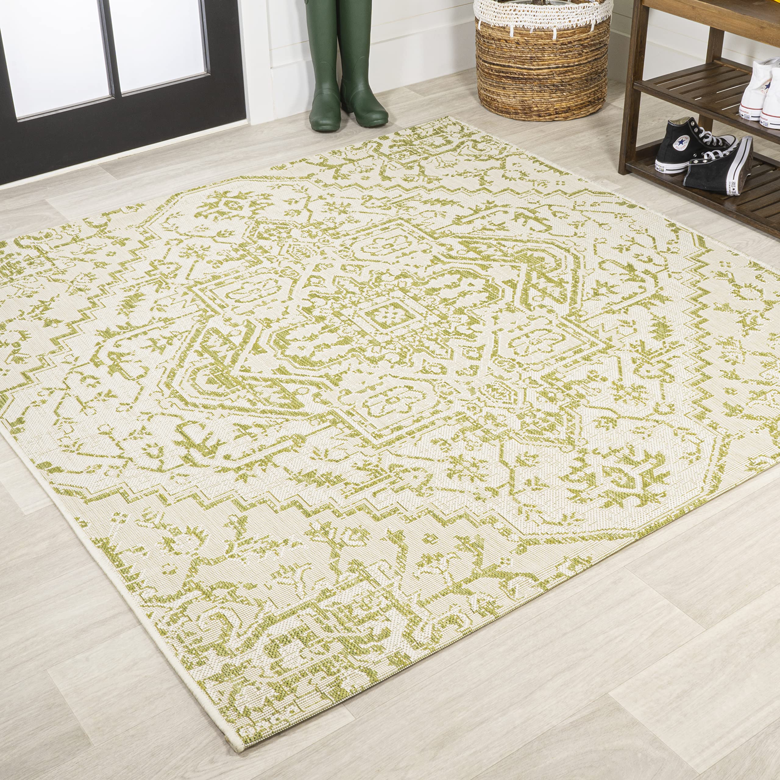 JONATHAN Y Boho Medallion Indoor Outdoor Square Area Rug 5X5 Cream/Green, Estrella Textured Weave for Backyard, Patio, Porch, Ea