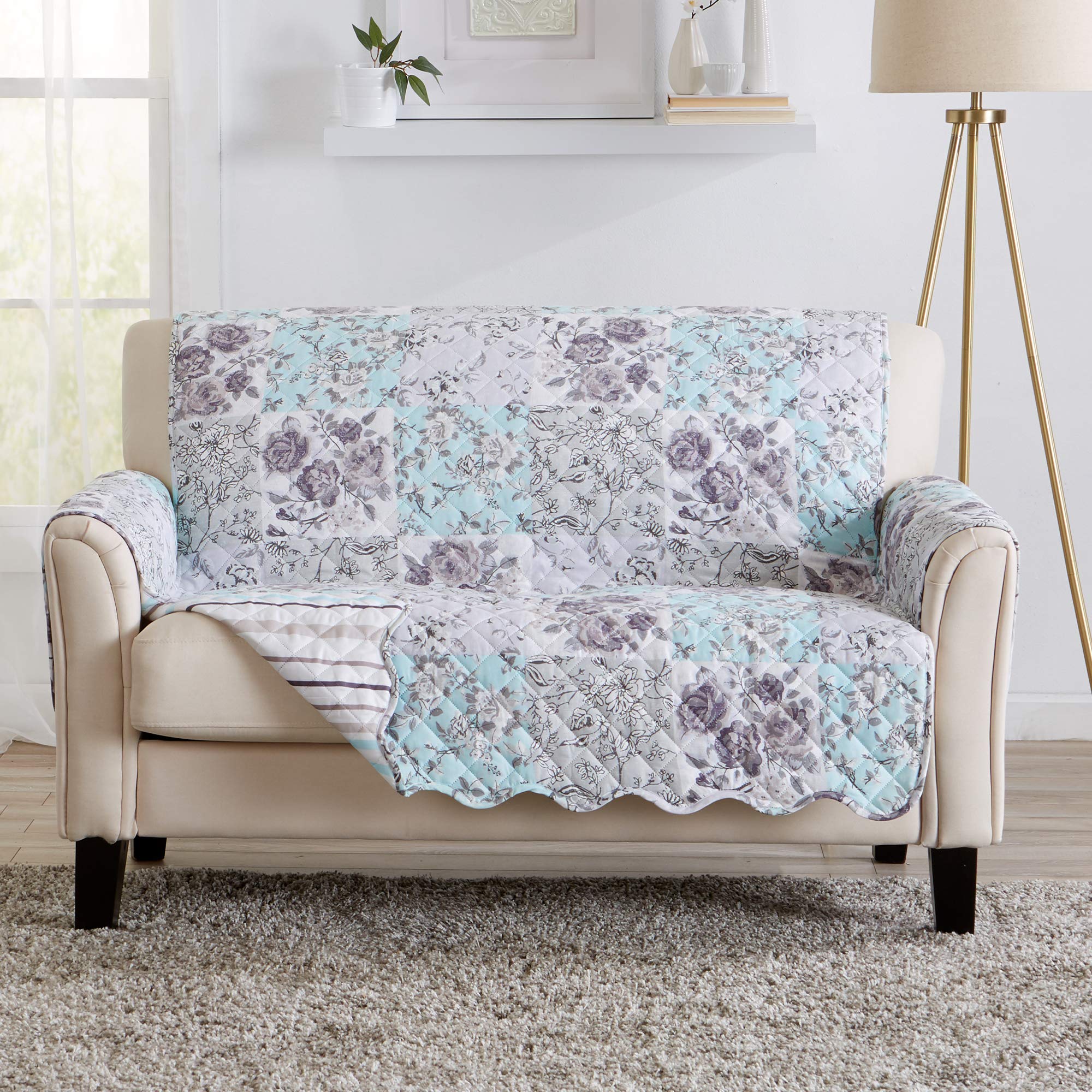 Reversible Floral Patchwork Furniture Protector Scalloped Edge Stain Resistant Printed Furniture Protector Maribel Collection (L