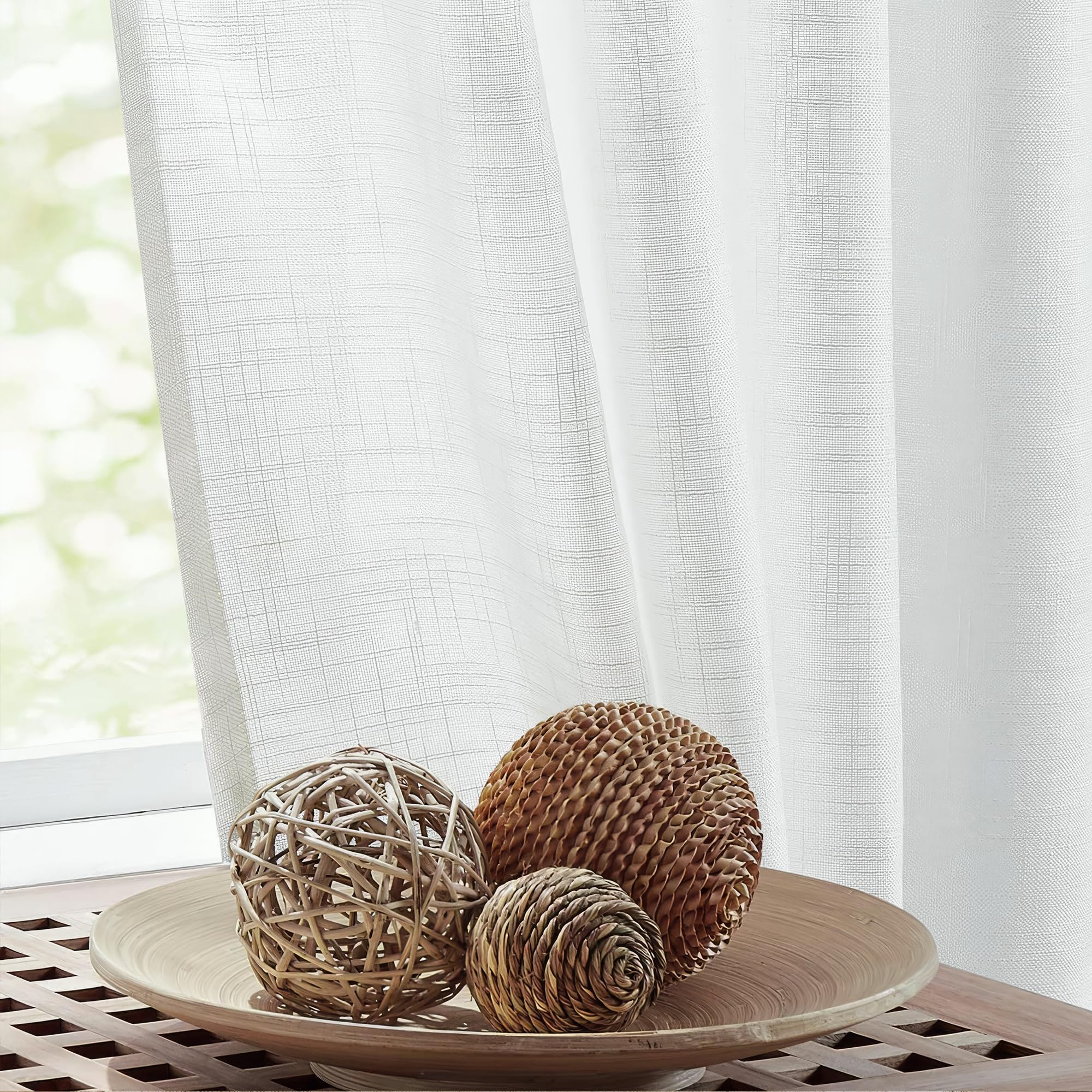 FMFUNCTEX Linen Semi Sheer Curtains 45 Inch Length for Bedroom Living Room, White Curtain Panels Sheer Linen Textured Window Dra