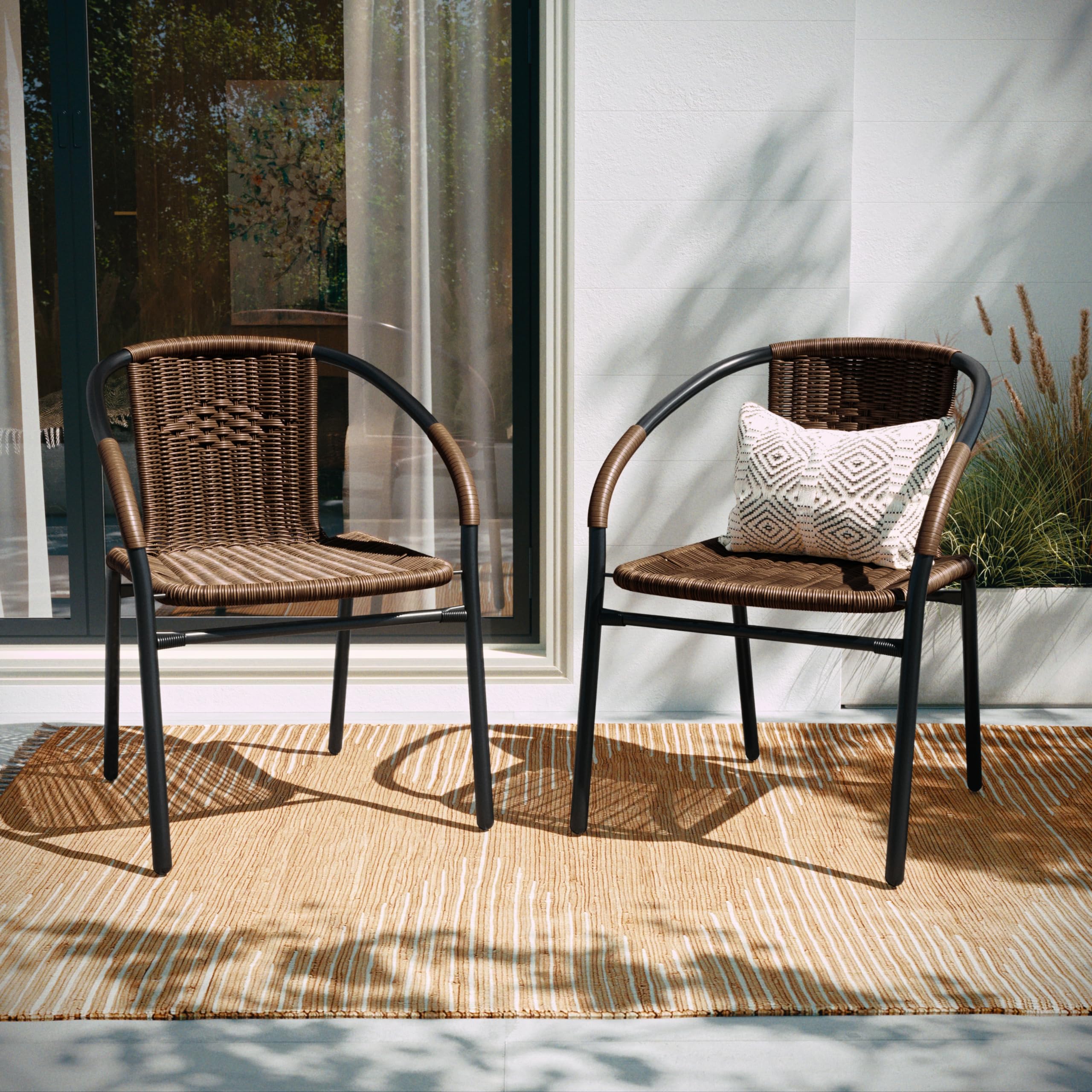 EMMA + OLIVER Set of 2 Modern Rattan Indoor/Outdoor Stack Chairs, Stacking Rattan Patio Chairs with Curved Back and Cross Bracin