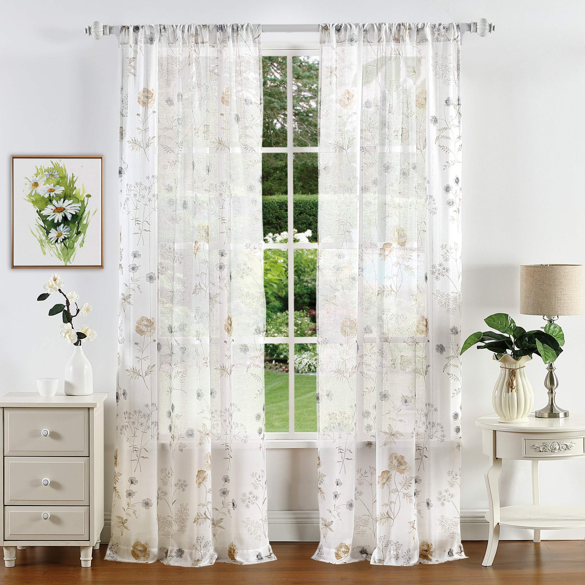 Martha Stewart Marthas Garden Floral Semi-Sheer Rod Pocket Window Curtain Panel Pair, 95, Gold