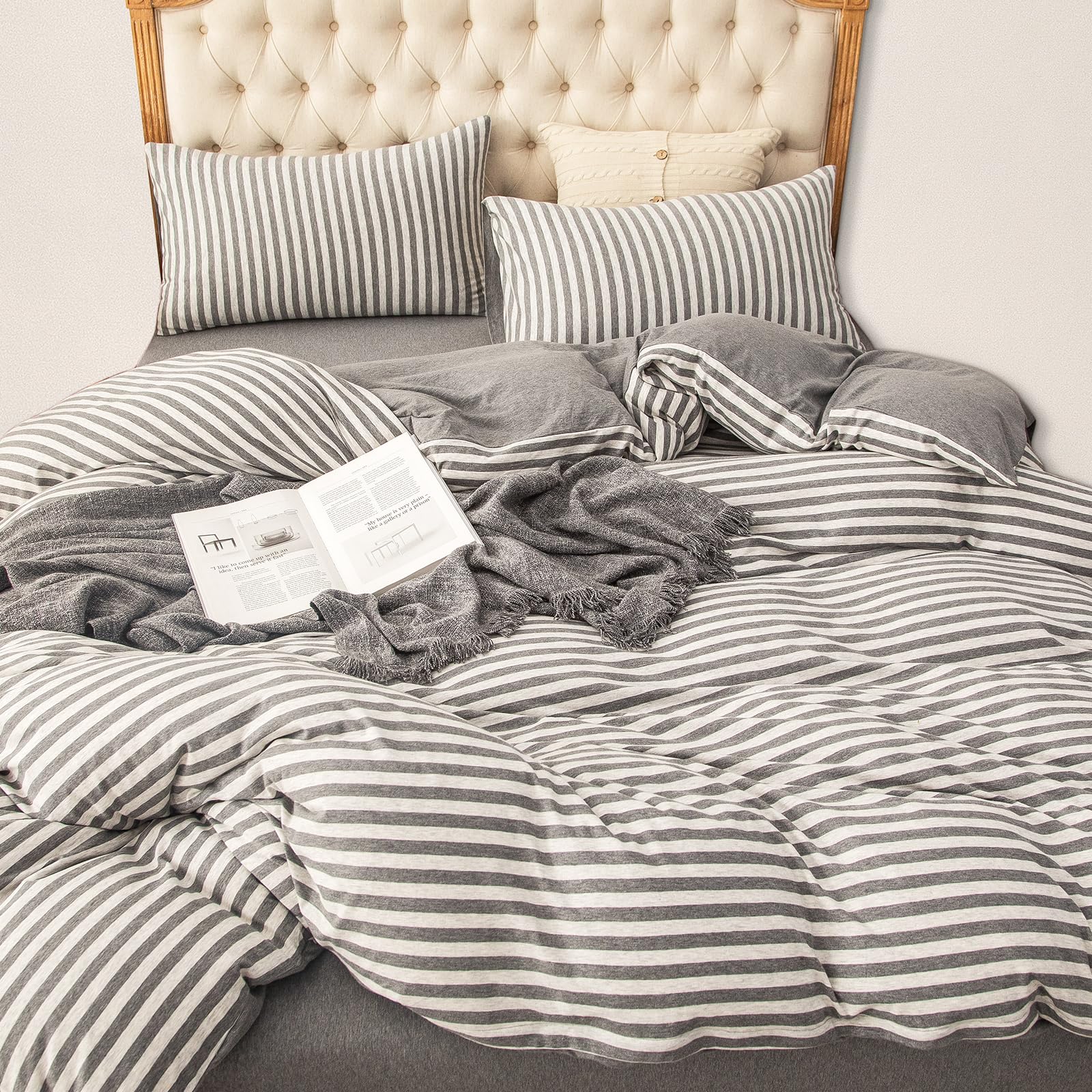 PURE ERA Jersey Knit Duvet Cover Set 100% T-Shirt Heather Cotton Super Soft Comfy Classic Striped Design, with Zipper Closure, G