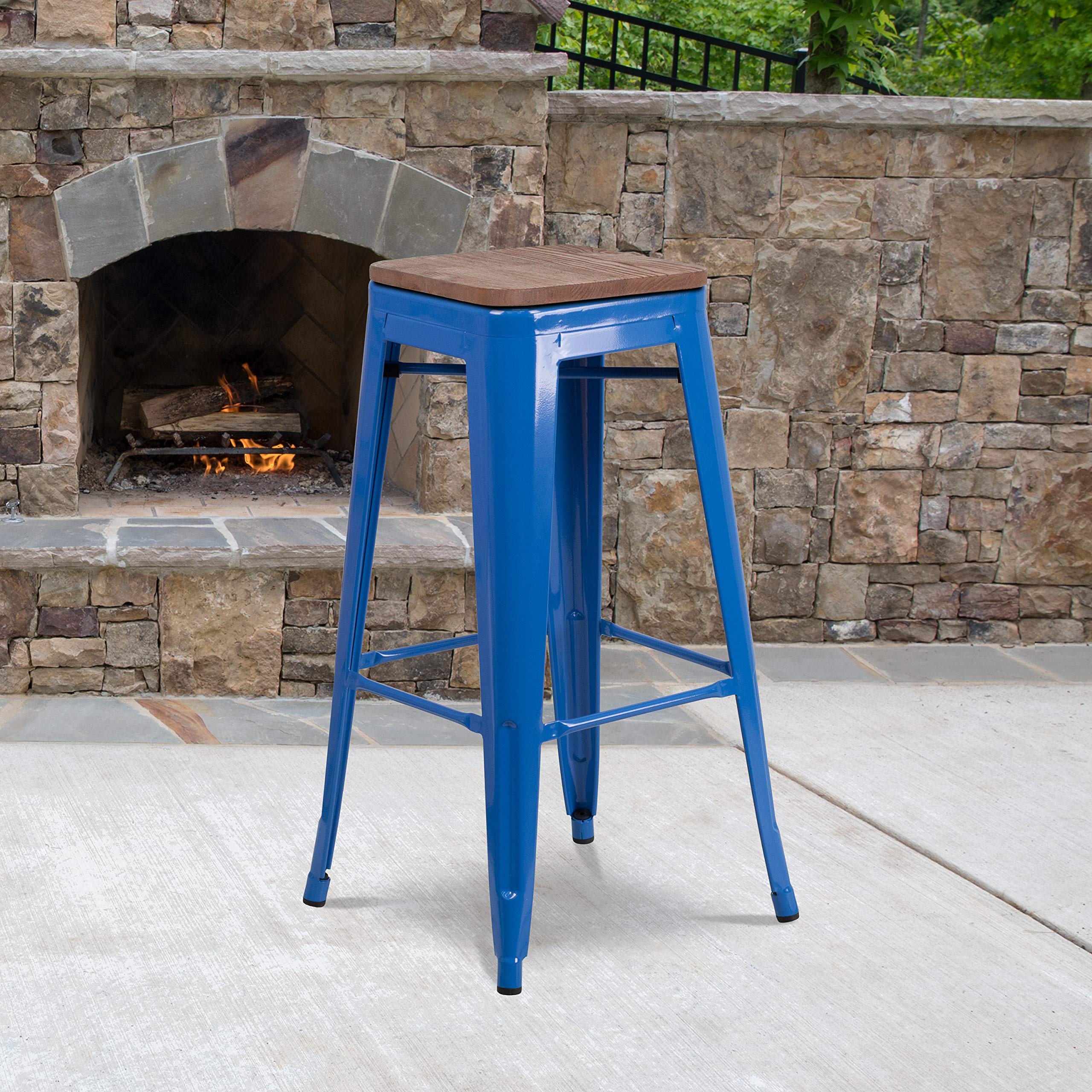 Flash Furniture Lily 30 High Backless Blue Metal Barstool with Square Wood Seat