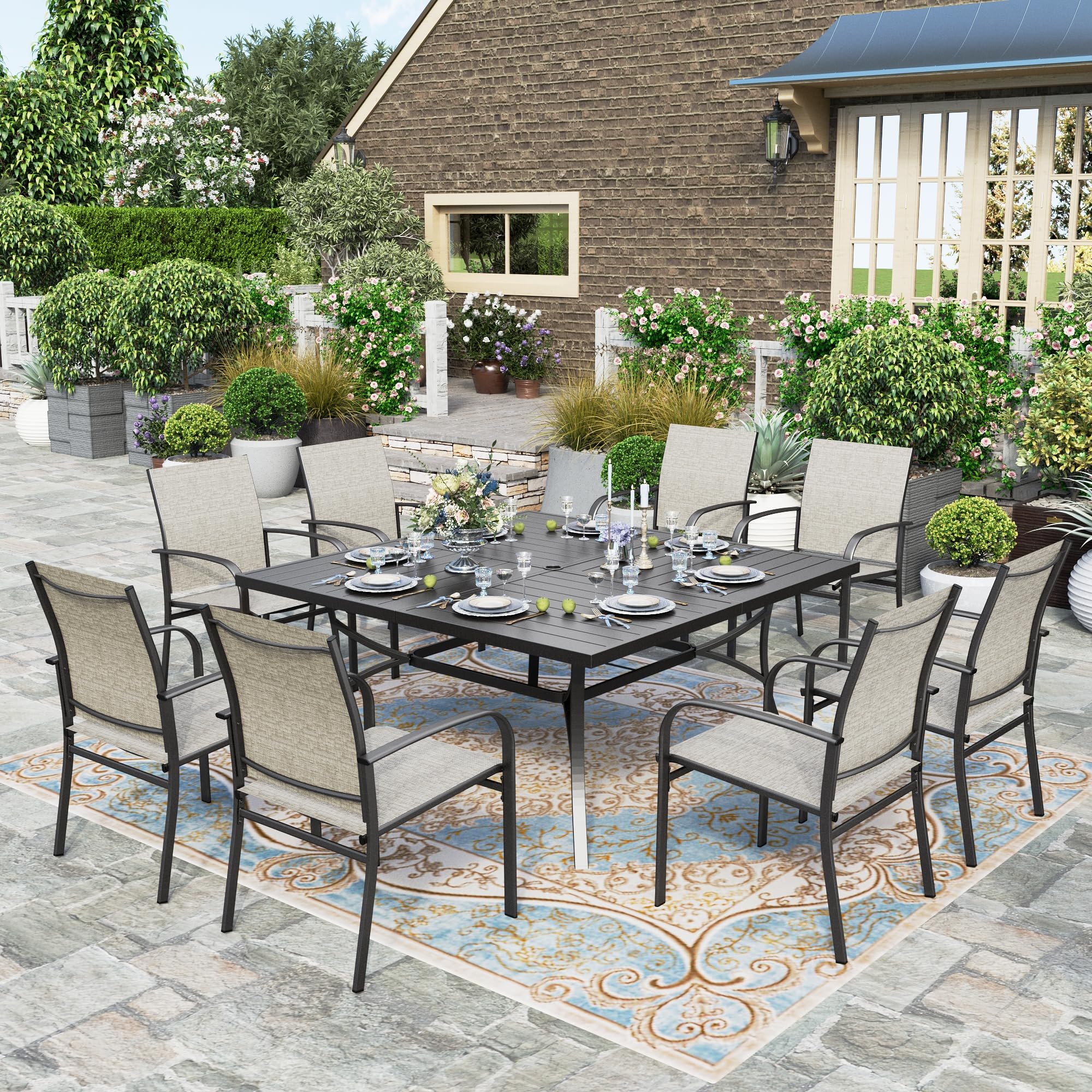 HERAS HOUSE 9 Pieces Patio Dining Set, Outdoor Table and Chairs Set for 8, 8 x Brown Textilene Dining Chair and 60 Square Metal
