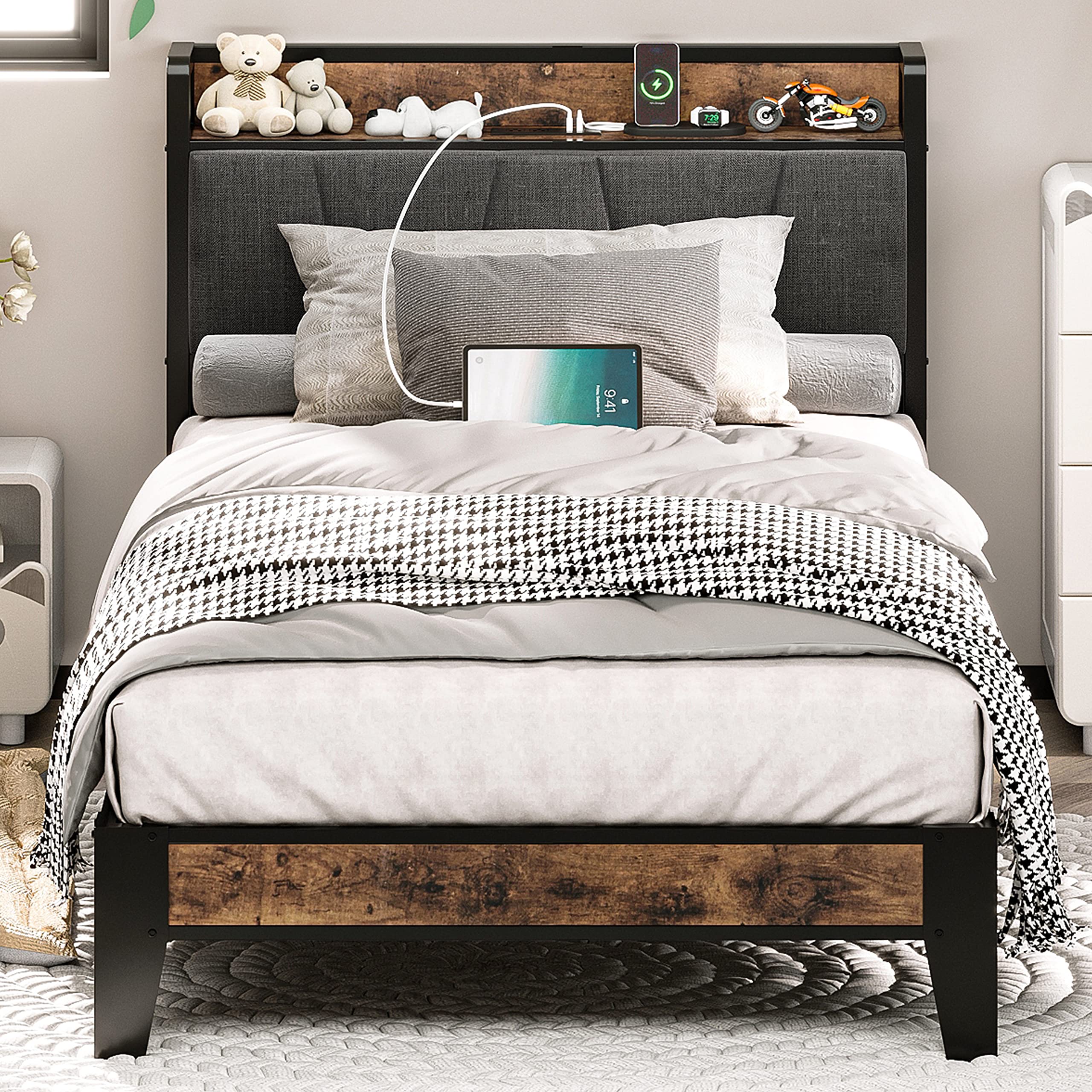 LIKIMIO Twin Bed Frames, Storage Headboard with Charging Station, Solid and Stable, Noise Free, No Box Spring Needed, Easy Assem