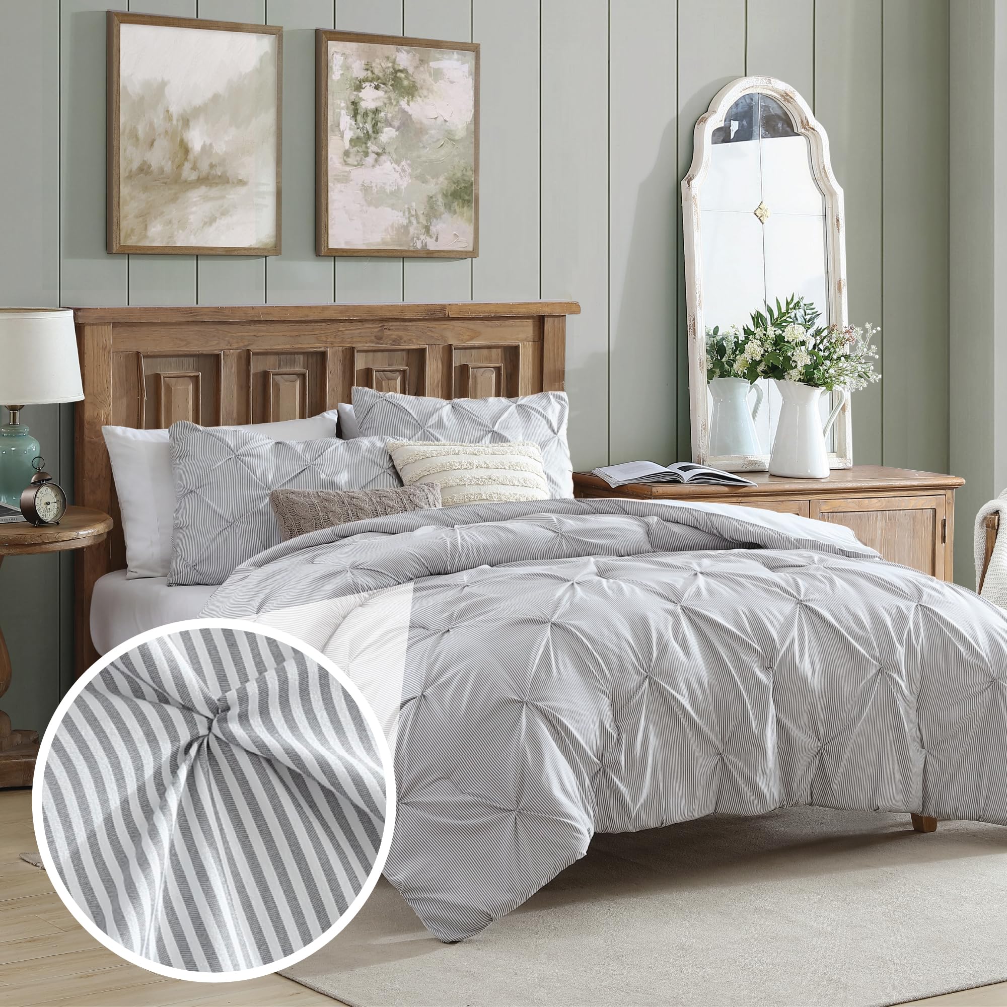Swift Home Twin/Twin XL Pinstripe Charcoal Grey Comforter Set - Classic Pintuck Bedding Set - 2 Pieces Bed Linen, 1 Comforter an