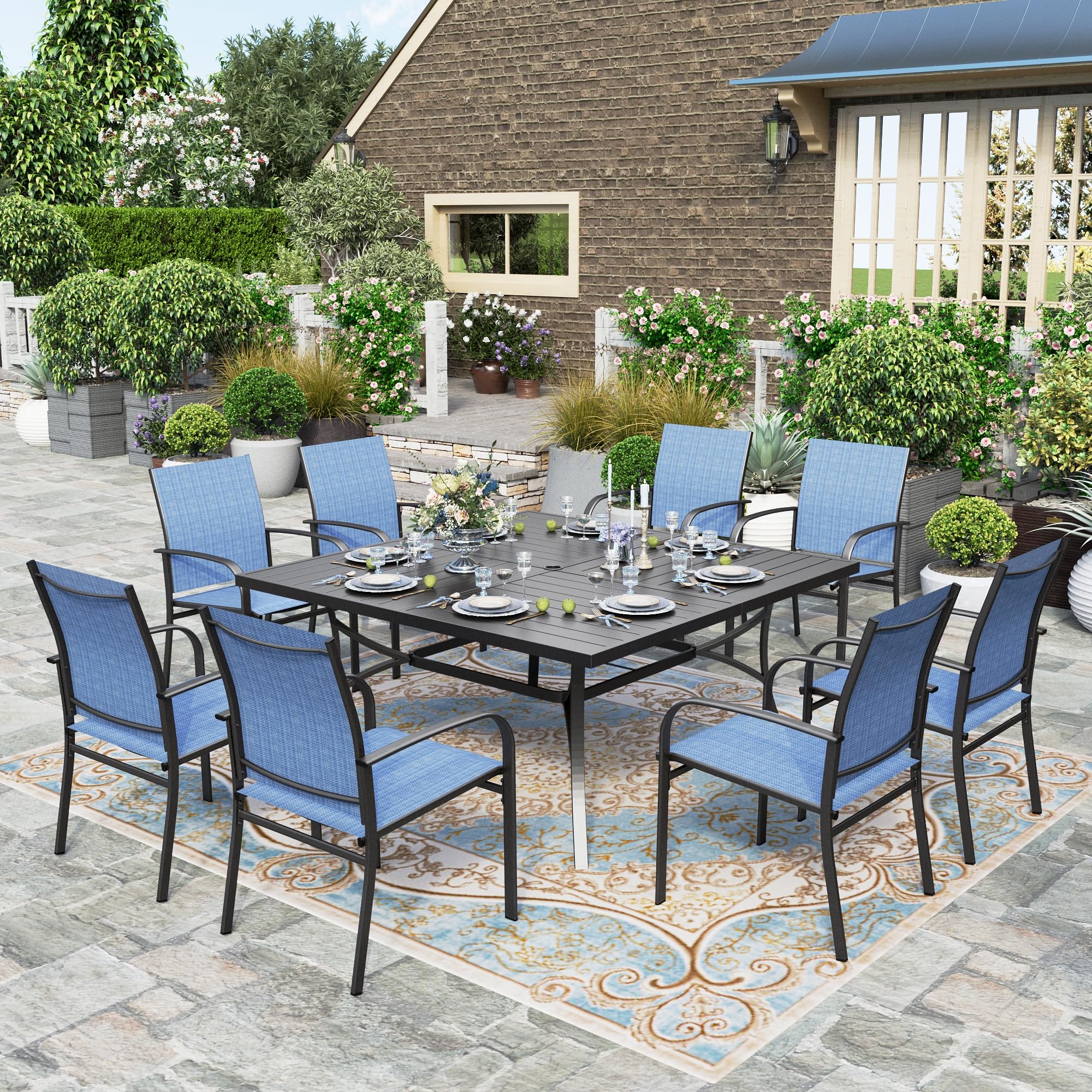HERAS HOUSE 9 Pieces Patio Dining Sets, 8 x Blue Textilene Dining Chair, 60 Square Metal Dining Table with 1.57 Umbrella Hole, 