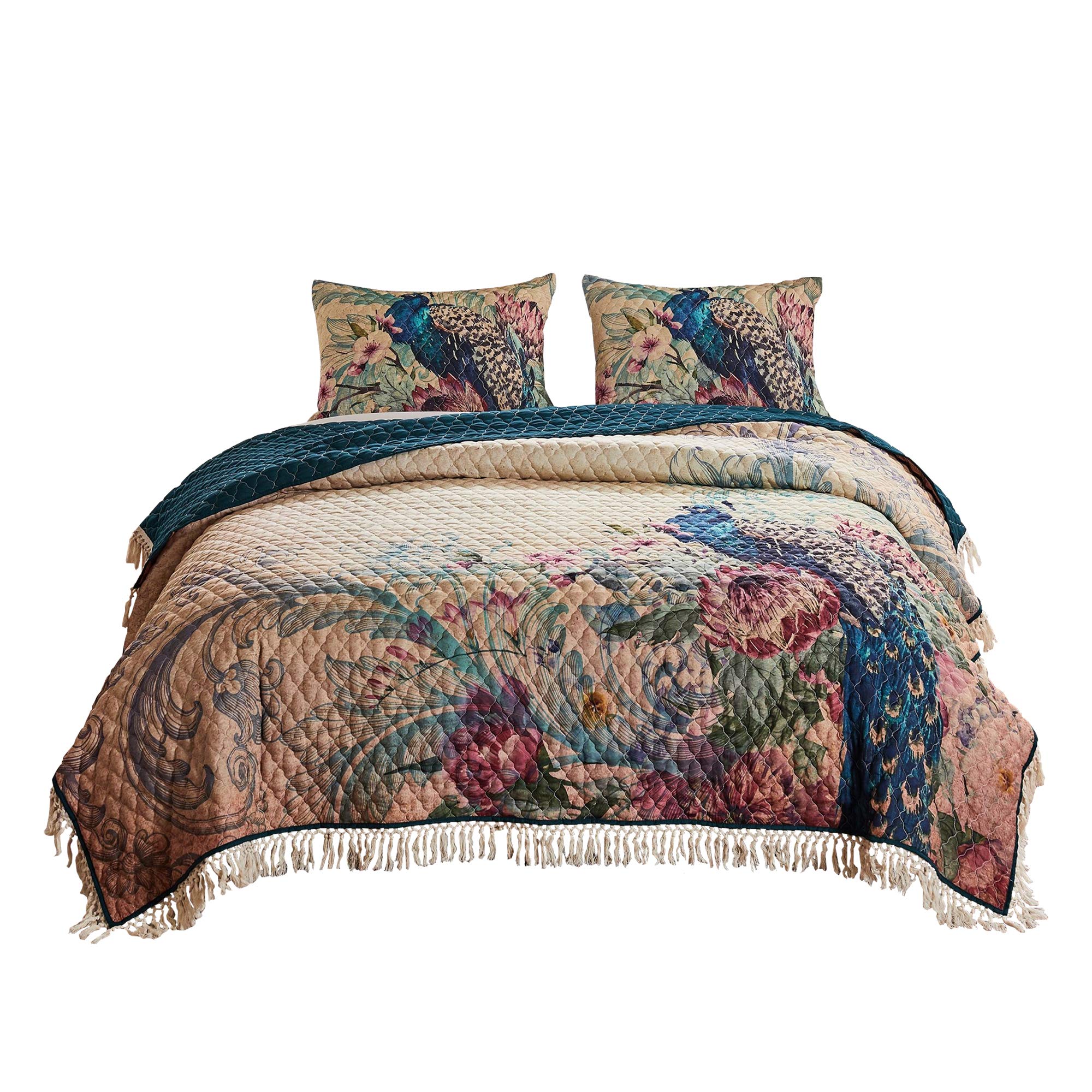 Benjara BM226419 Quilt Set with Floral Print & Crochet Trim Multi Color - King Size - 3 Piece