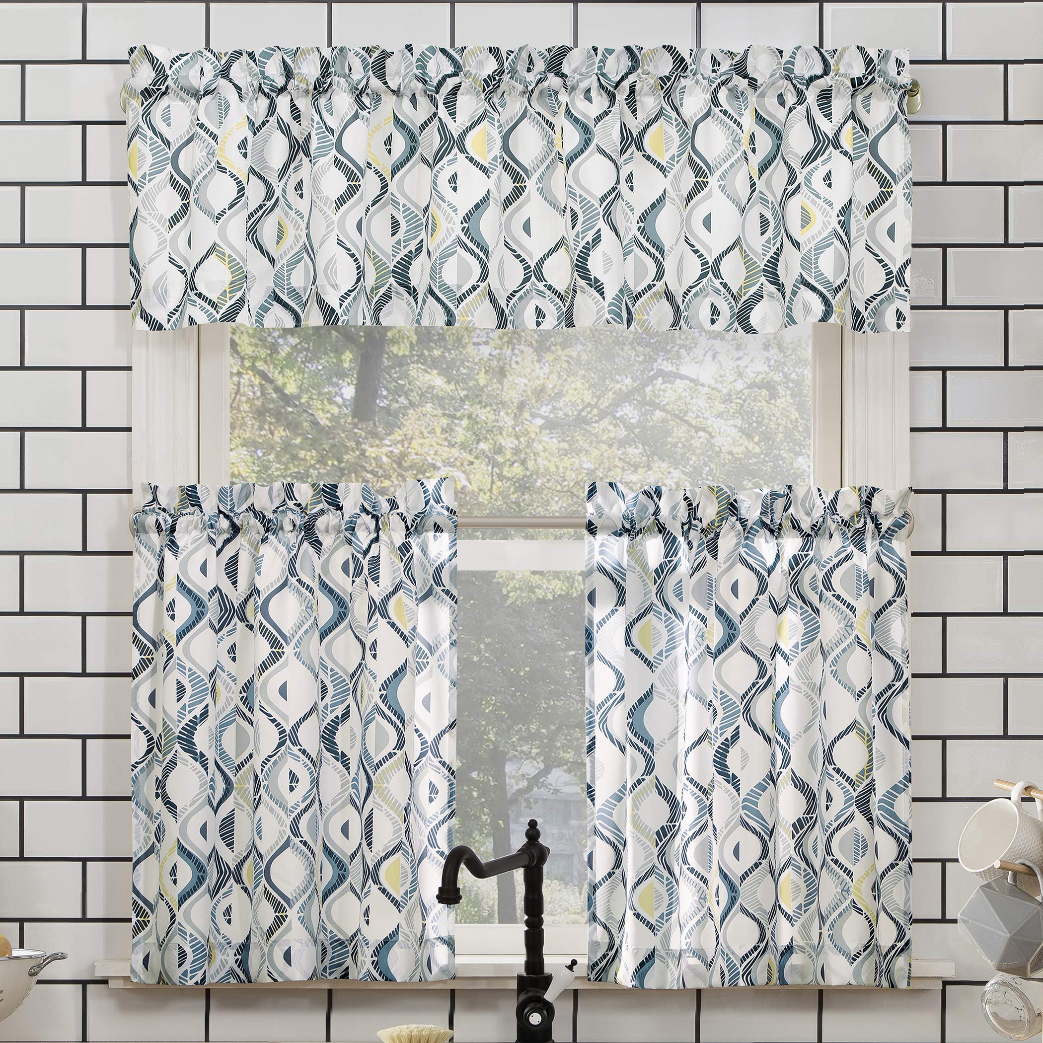 No. 918 Barker Geometric Semi-Sheer Rod Pocket Kitchen Curtain Valance and Tiers Set, 54 x 36, White