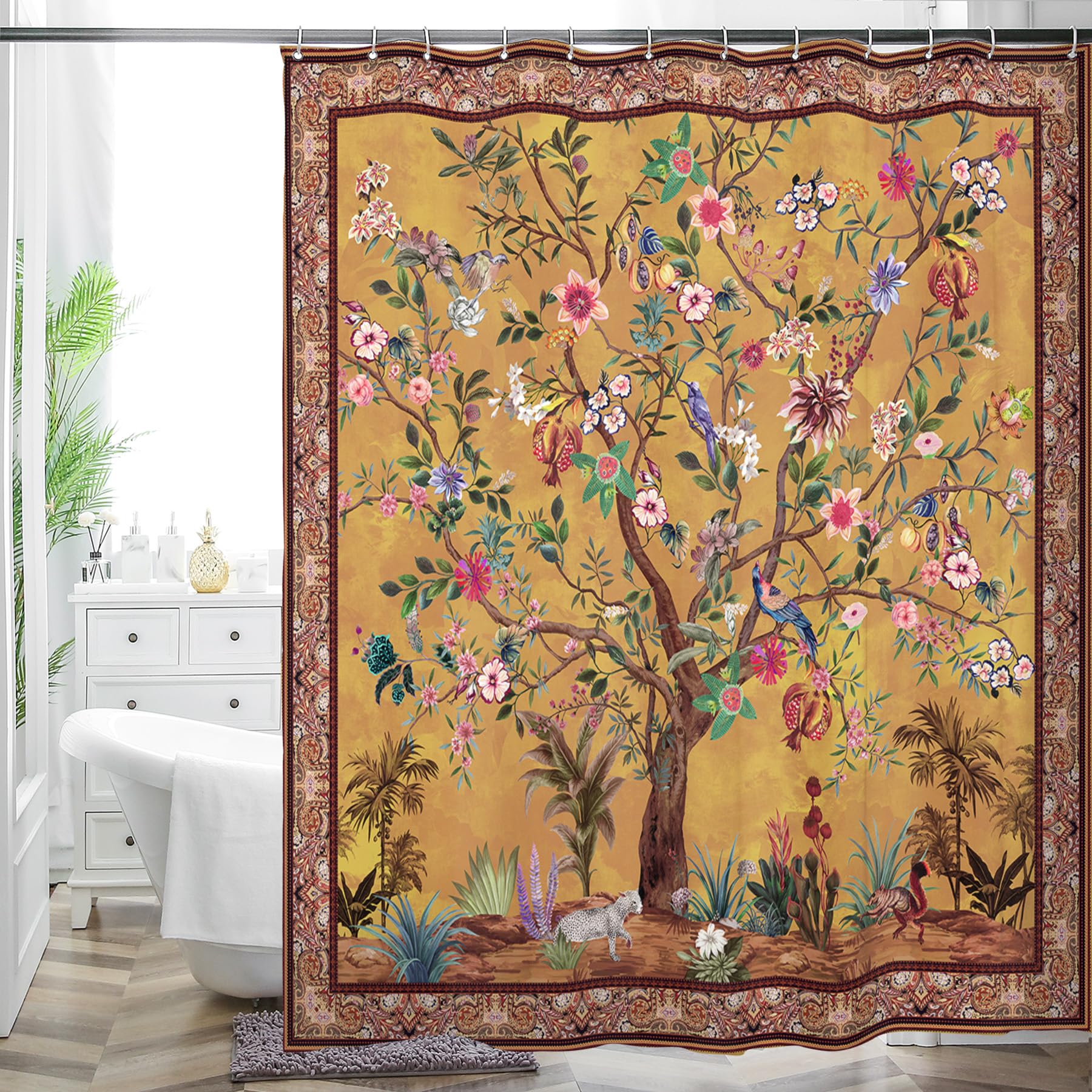 WC WAH CHUN Bohemian Bathroom Curtain Colorful Boho Floral Print Beautiful Bright Polyester Fabric Cloth Shower Curtain for Bath