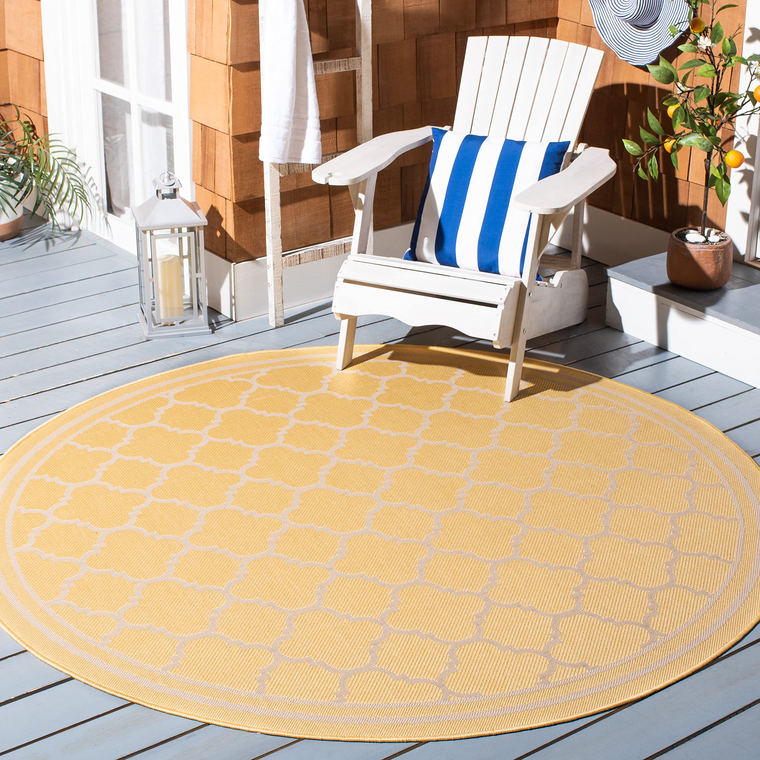 SAFAVIEH Courtyard Collection Area Rug - 67 Round, Gold & Beige, Non-Shedding & Easy Care, Indoor/Outdoor & Washable-Ideal for 