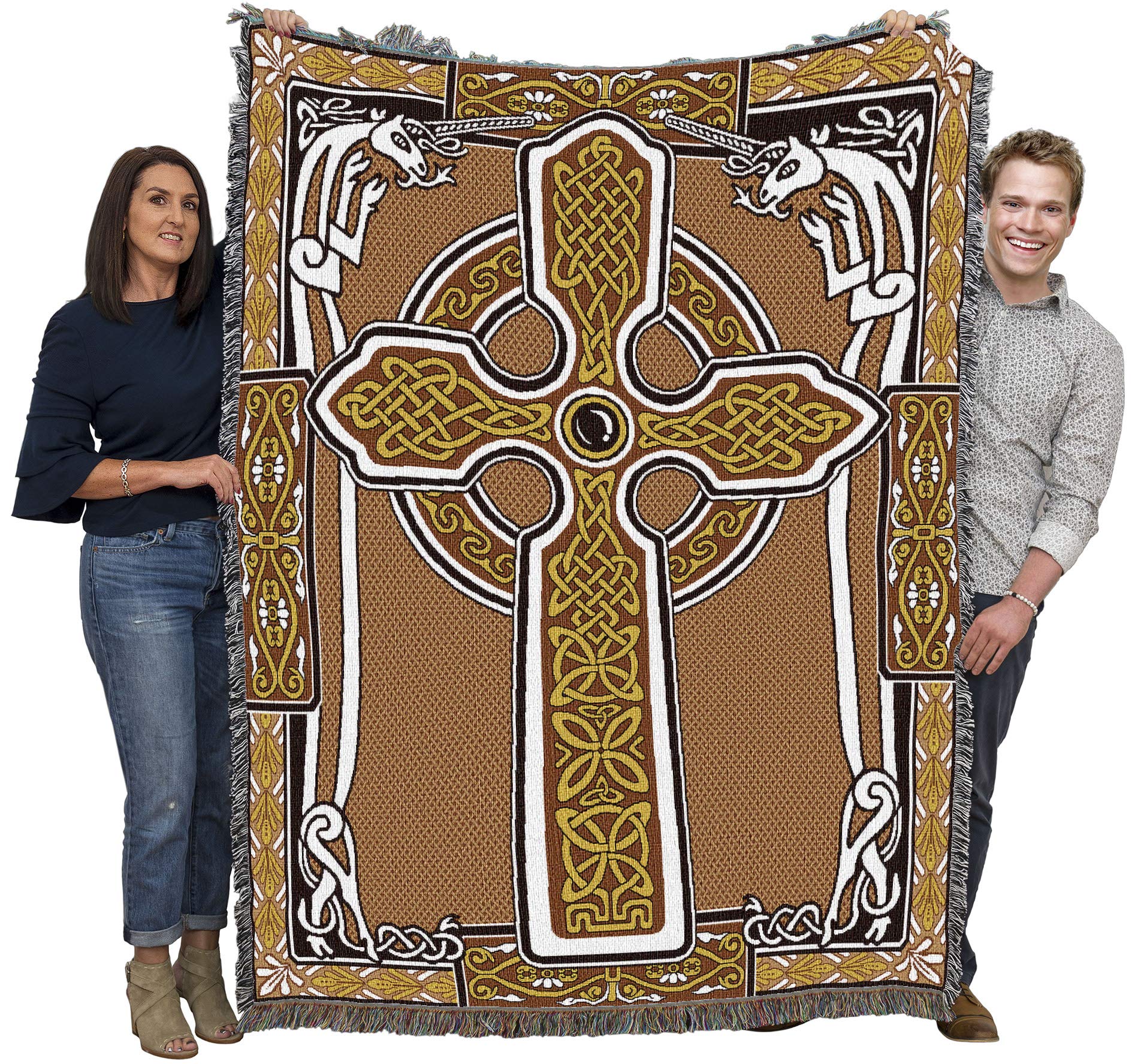 Pure Country Weavers Celtic Knots Cross with Unicorn Blanket - Brown - Gift Tapestry Throw Woven from Cotton - Made in The USA (