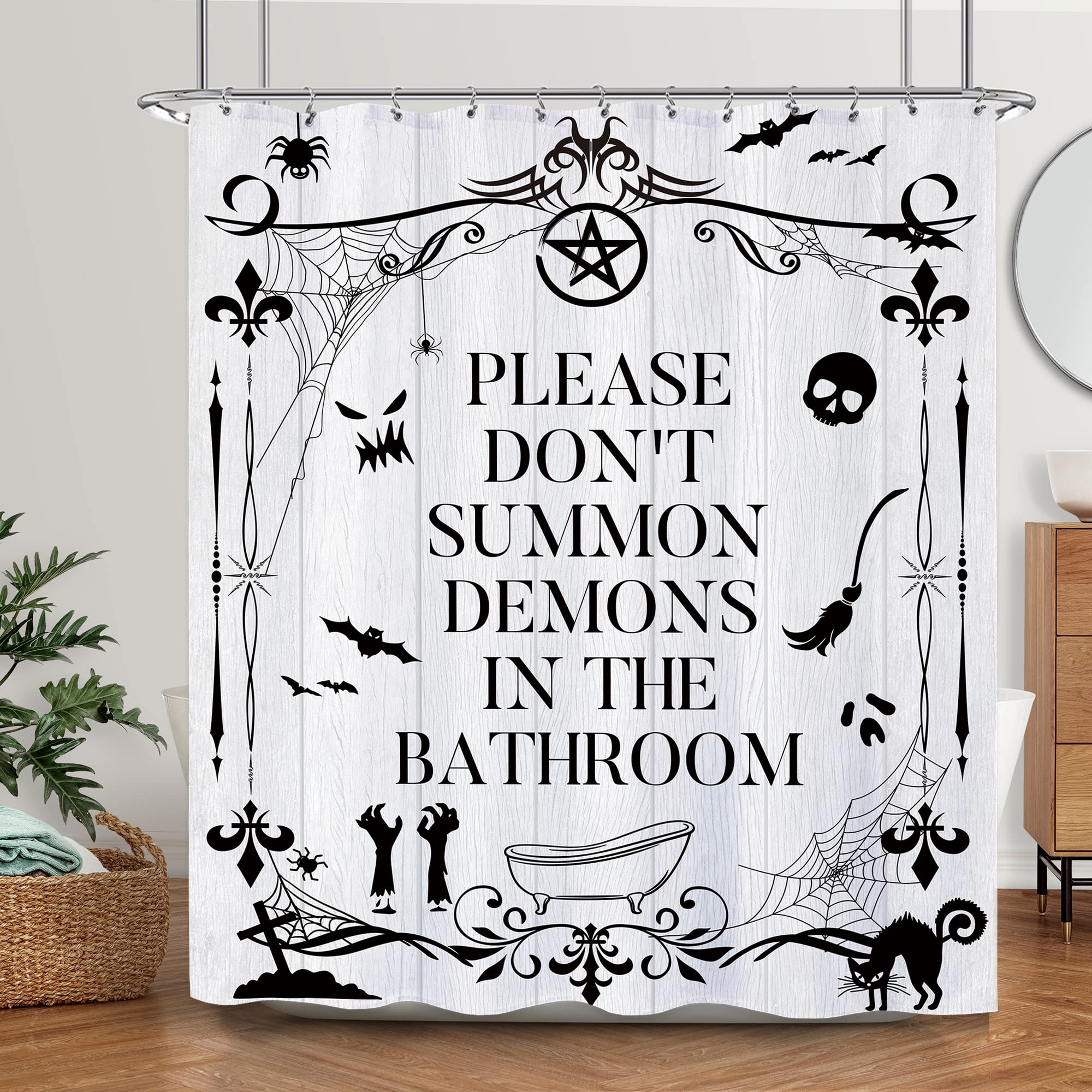 Laifzere Funny Toilet Rules Shower Curtain Gothic Halloween Goth Witchy Shower Curtain for Bathroom Skull Skeleton Farmhouse Bat