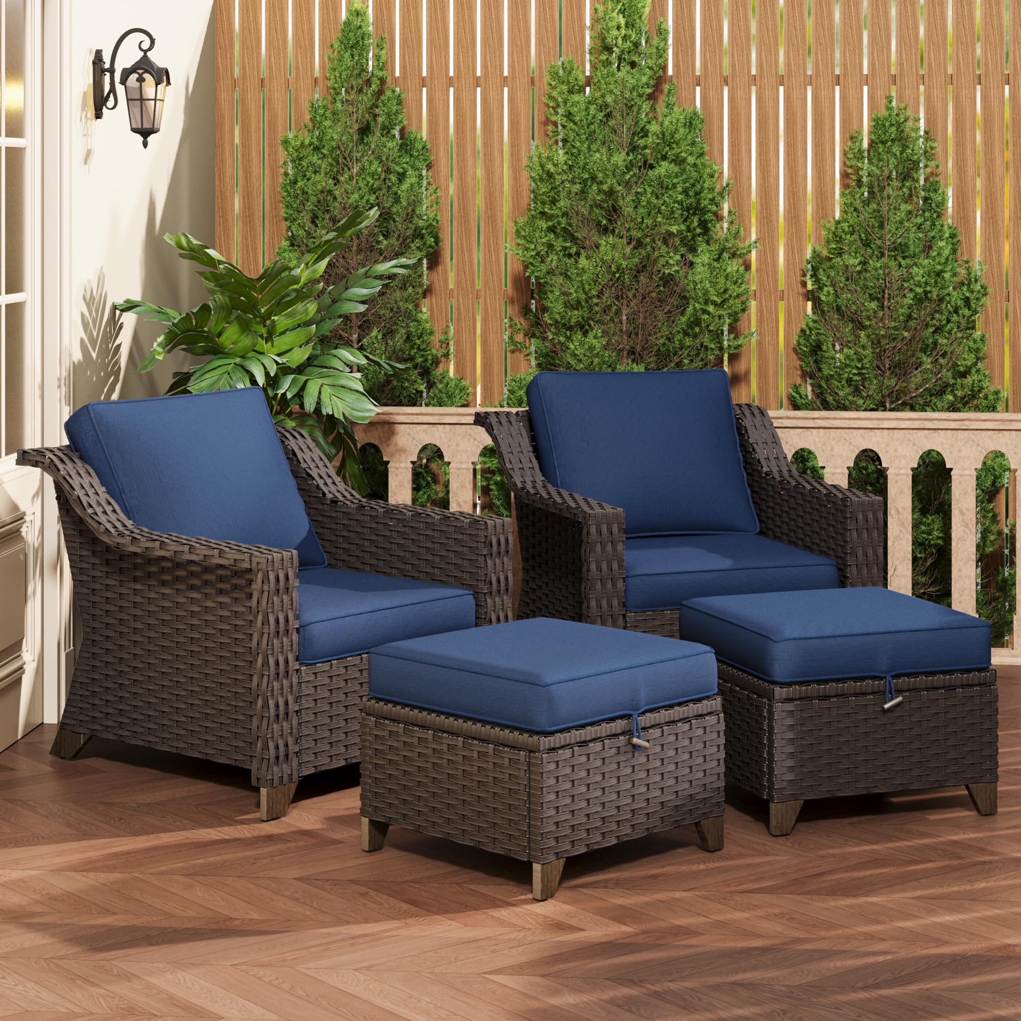 MeetLeisure 4 Pieces Patio Conversation Furniture Set - 2 Chairs with Ottomans Set of 2, Outdoor Wicker Armchairs with Water-Res