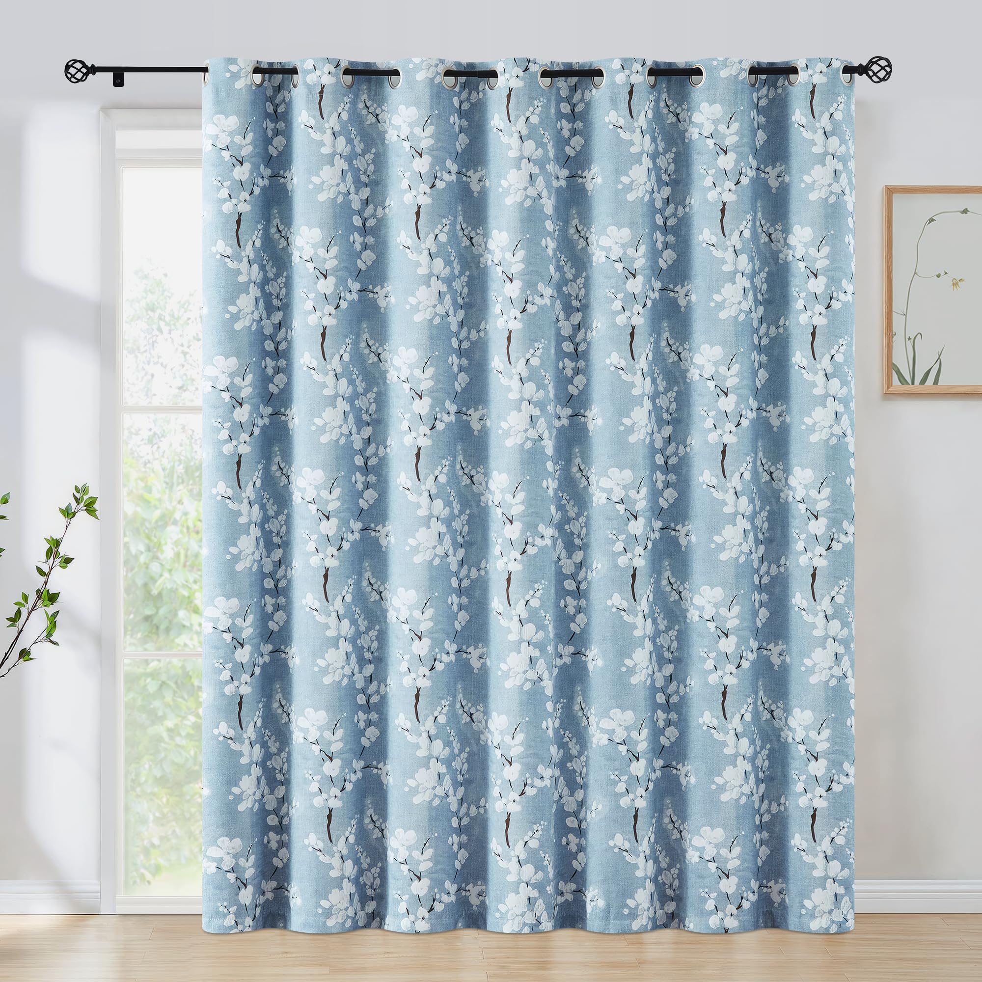 FMFUNCTEX 100% Blackout Sliding Door Curtains for Living Room, Blue Floral Print Extra 100 Wide Window Curtain Panels for Slidin