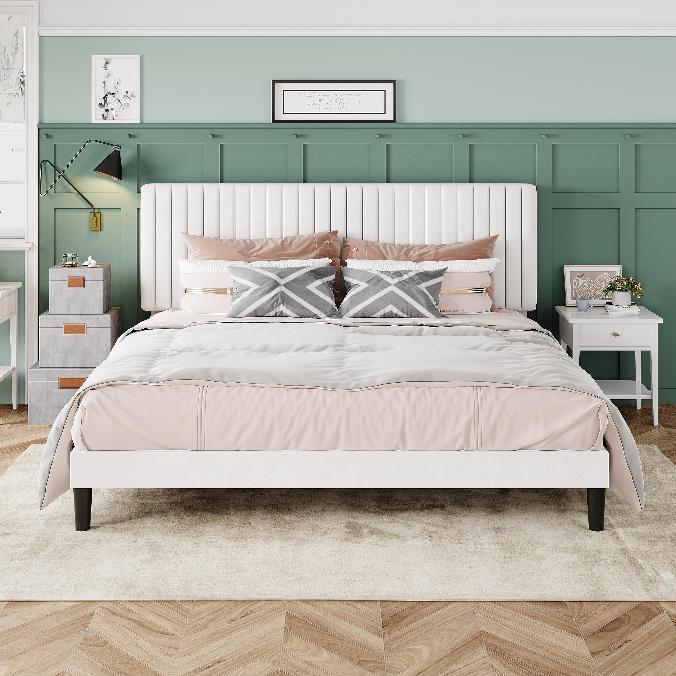 Allewie King Bed Frame, Velvet Upholstered Platform Bed with Adjustable Vertical Channel Tufted Headboard, Mattress Foundation w