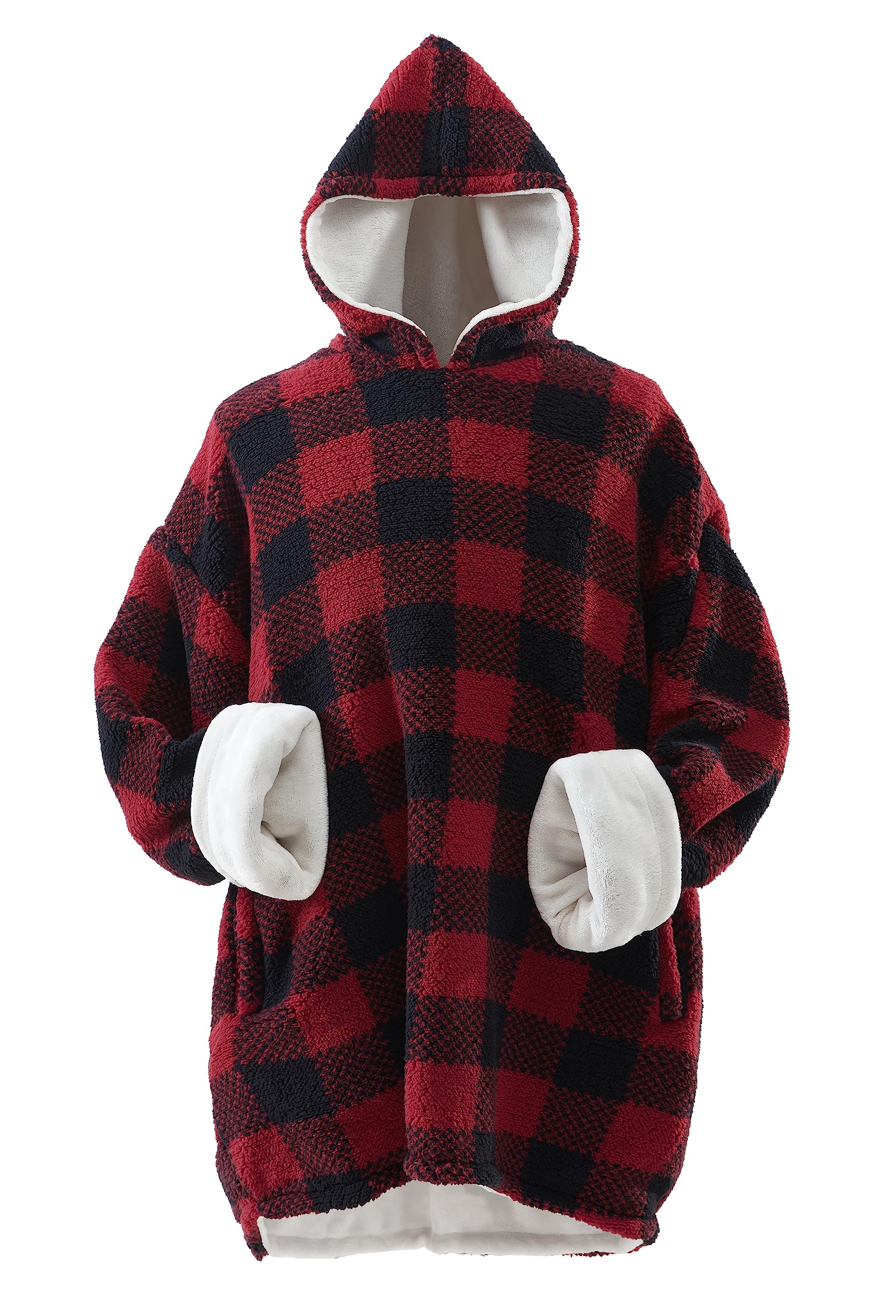 Cathay Home Oversized Wearable Sherpa and Micro-Mink Blanket Hoodie, Red - One Size Fits Most