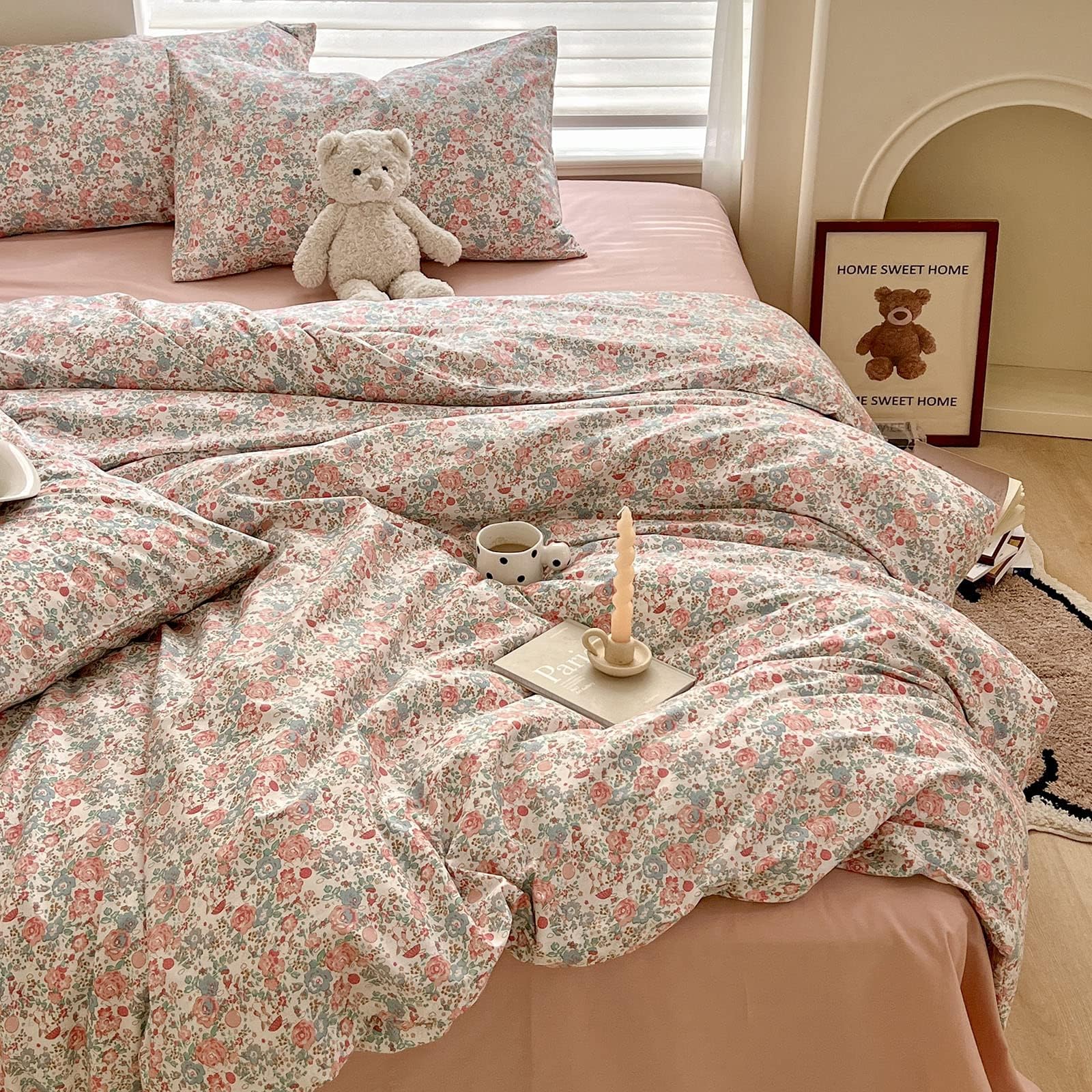 Boho Floral Duvet Cover Queen Soft Cotton Aesthetic Floral Bedding Sets French Style Pink Blue Flower Branches Duvet Cover Chic 