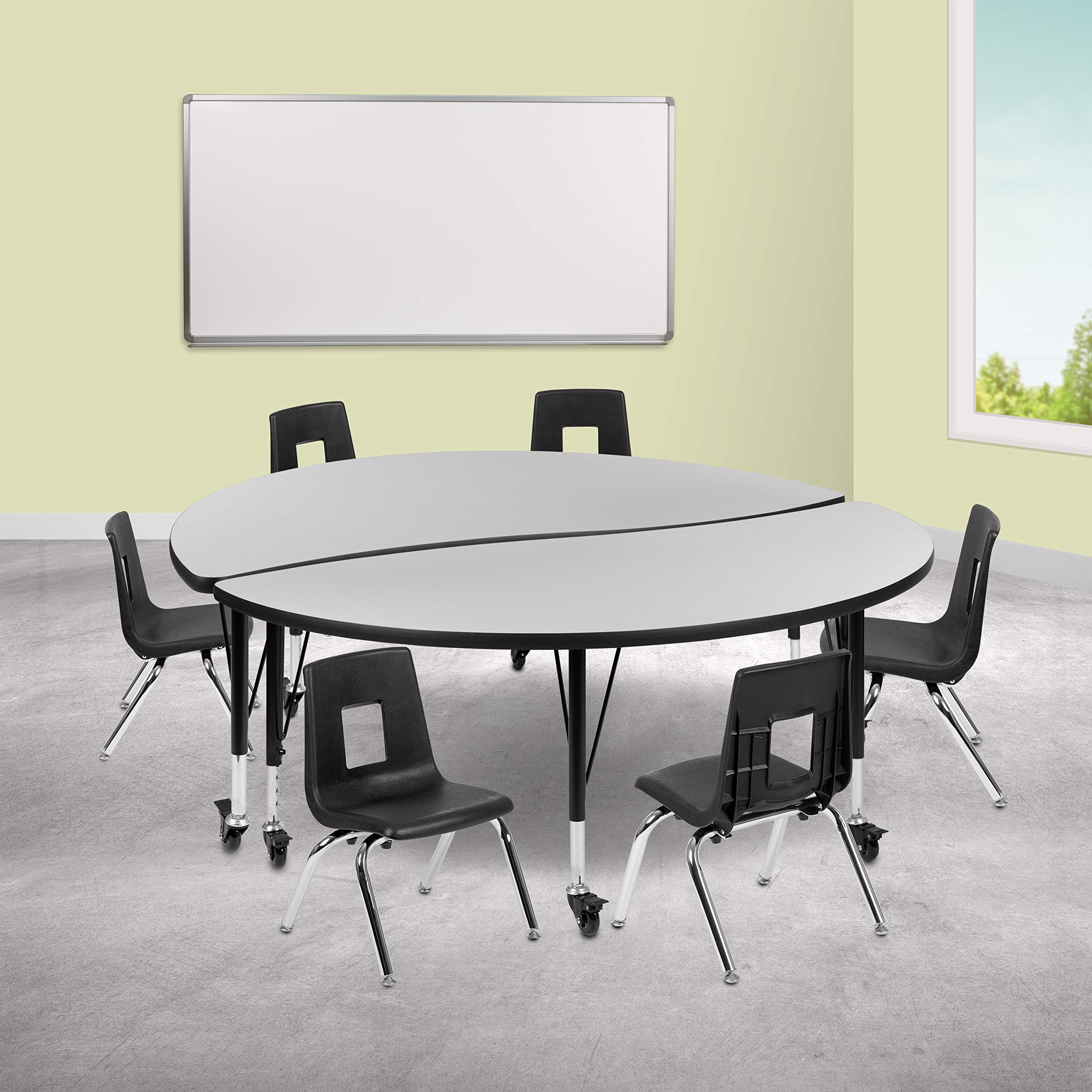 Flash Furniture Emmy Mobile 60 Circle Wave Flexible Laminate Activity Table Set with 12 Student Stack Chairs, Grey/Black
