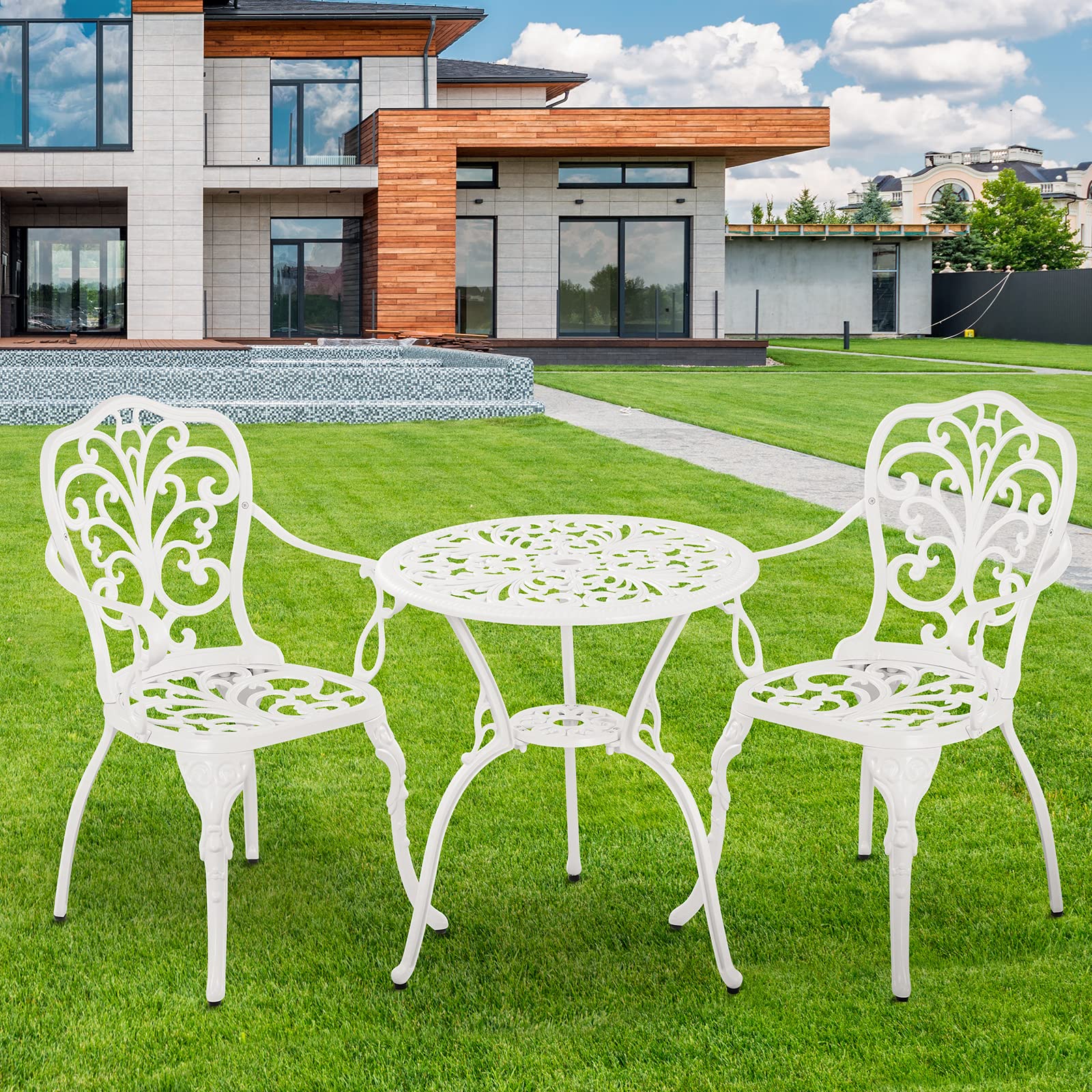 Withniture Patio Bistro Set 3 Piece Cast Aluminum Outdoor Bistro Set, Rust Resistance Bistro Table and Chairs of 2 with Umbrella